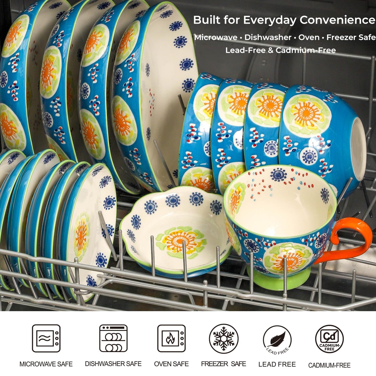 Hand-Painted 9 Inch Soup and Pasta Plate Set of 4,Wide and Gently Deep Ceramic Dinner Plates for Salad Breakfast Everyday Meals,Microwave Oven Safe up to 480°F,Lead-Free Stoneware,Giftable Ocean Blue