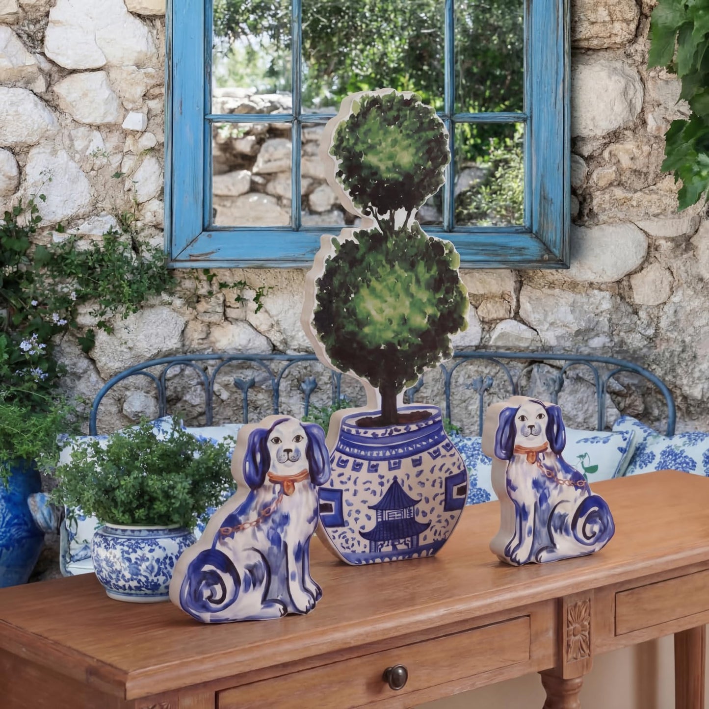 Summer Home Decor Blue and White Chinoiserie Blue and White Chinoiserie Staffordshire Dog Topiary Wooden Sign Small Figurines Rustic Tiered Tray Tabletop Centerpiece for Kitchen Mantel Shelf
