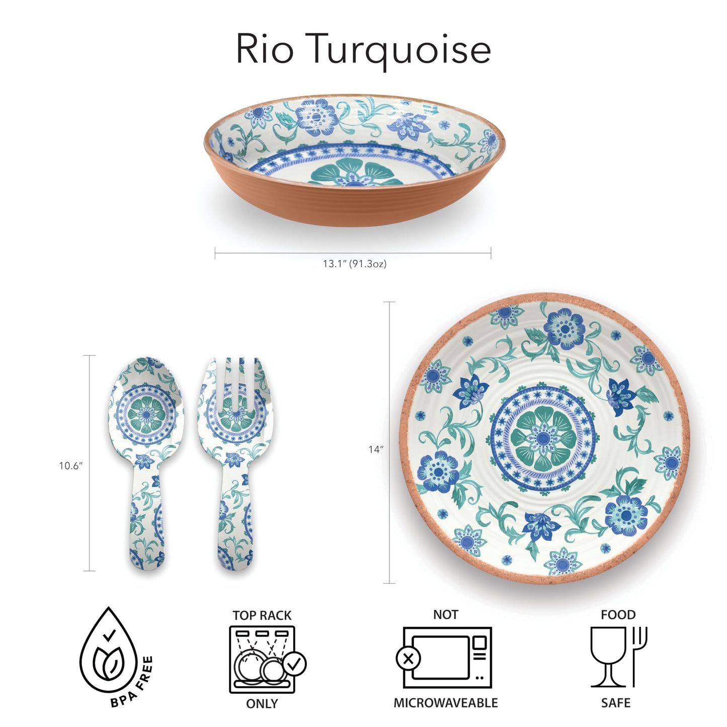 TarHong Rio Turquoise Floral Oval Serve Bowl, 13.1" x 2.6", 91.3 oz, Melamine