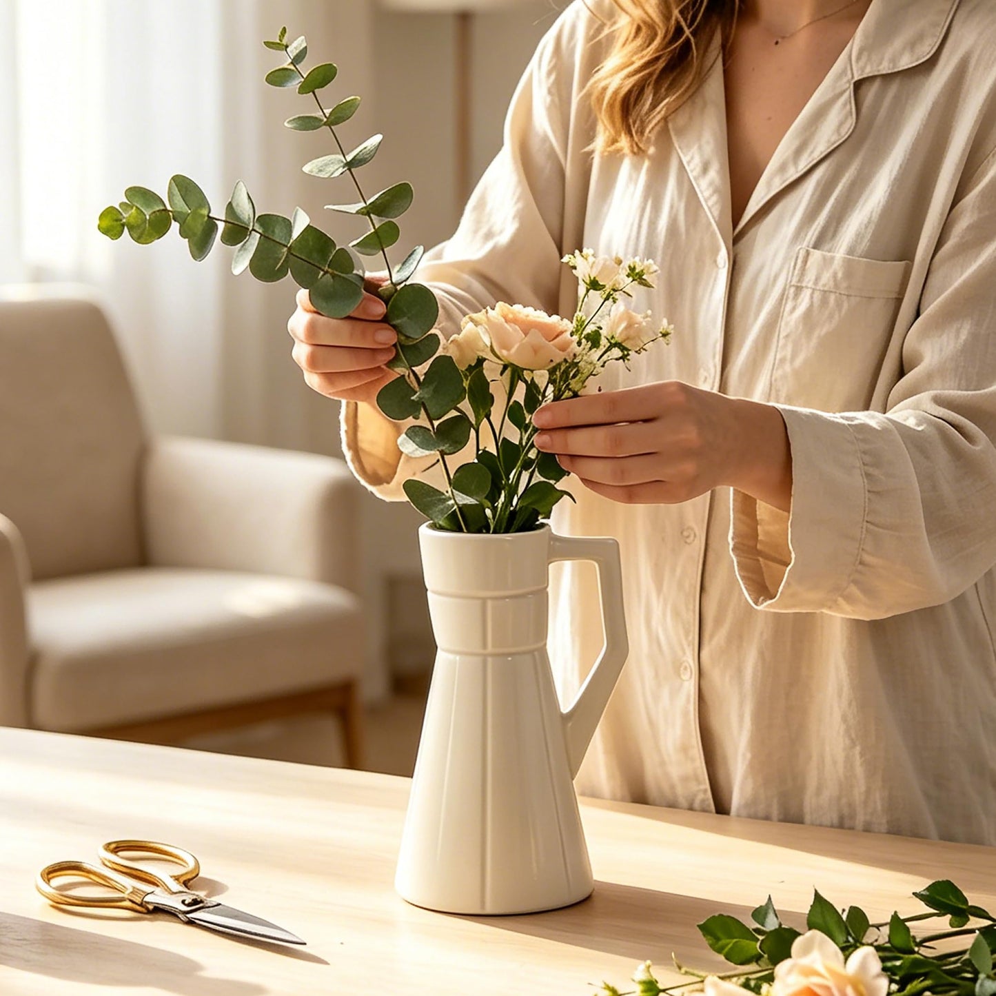 BosilunLife White Ceramic Vase with Handle, 7.87 Inch Tall Decorative Flower Vase for Bouquets, Glazed Farmhouse Vase for Living Room, Dining Table, Entryway and Shelf Decor