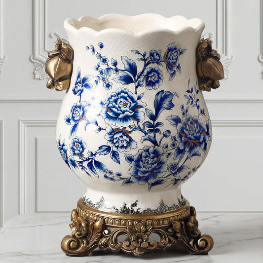 Ninehaoou Vintage Blue and White Ceramic Vase with Gold Pedestal, Chinoiserie Floral Urn for Home Decor, 8.3" Antique French Country Centerpiece for Table, Mantel, and Fresh Flowers