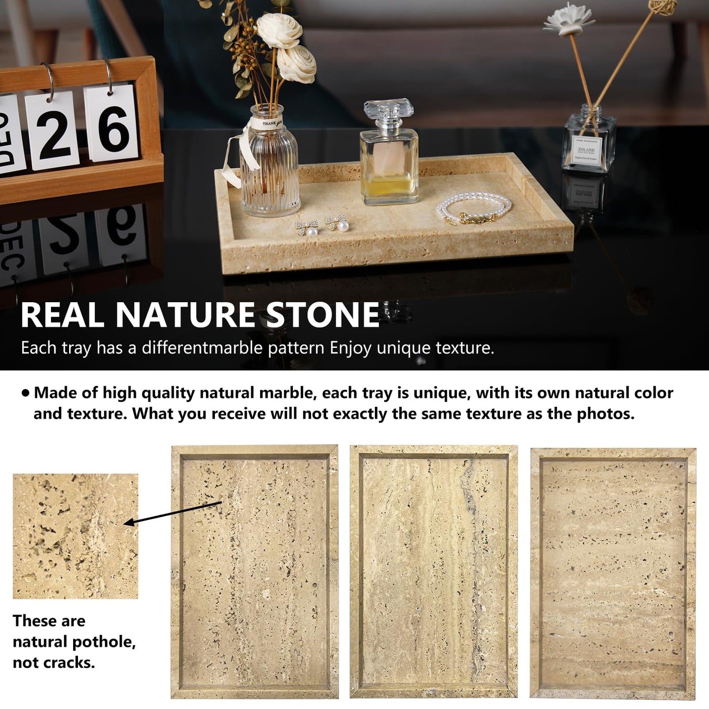 Zilukar Real Natural Travertine Tray for Bathroom, Vanity, Kitchen and Desktop, Rectangle Genuine Travertine Stone Tray for Jewelry, Cosmetics, Candles, Lotion, Perfume and Home Decor
