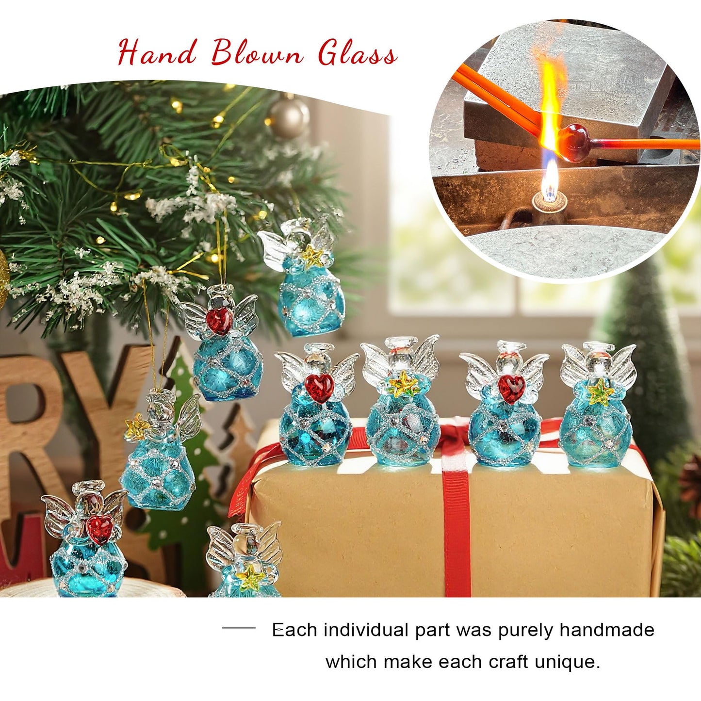 Mini Glass Angel Christmas Ornaments for Tree, Set of 12 1.6" Small Crystal Guardian Angel Ornament Bulk for Christmas Tree, 2025 Hand Blown Spun Glass Home Decor Xmas Gift (Blue)