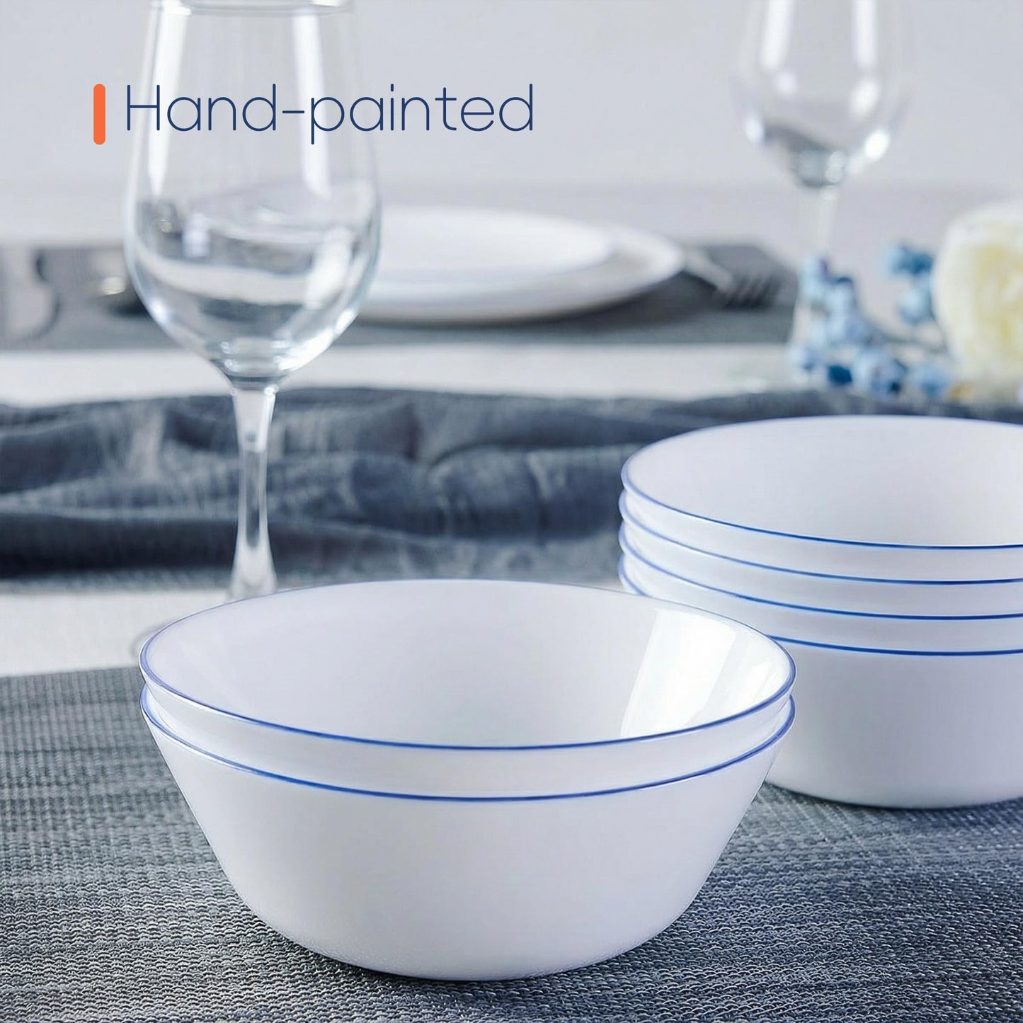 LaGlint 16OZ Opal Glass Cereal and Soup Bowl Set of 4, 6 inch Dishwasher & Microwave Safe Round Bowls for Salad and Rice, Hand Painted Navy Blue Rim