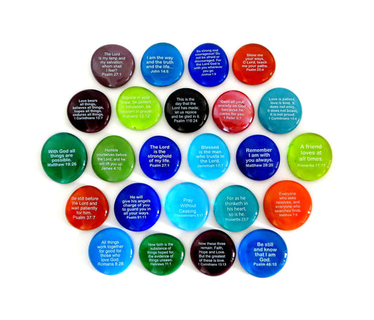 Lifeforce Glass Scripture Glass Stones, 24 of Your Favorite Inspiring Bible Verses on Translucent and Opaque Rocks, Set II.