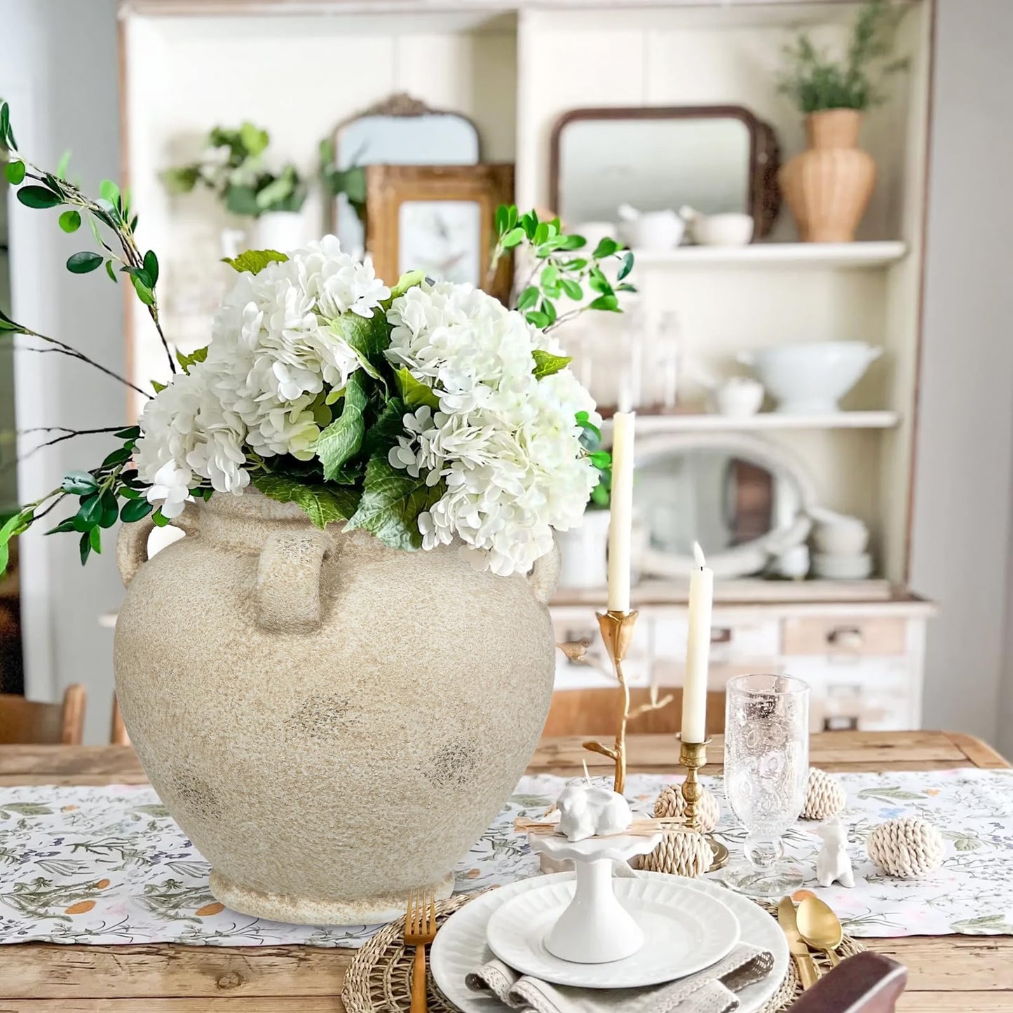 Rustic Ceramic Vase with Handles – Antique-Style Beige Farmhouse Pottery Decorative Urn for Table Centerpiece, Mantel, Shelf, or Entryway Home Décor