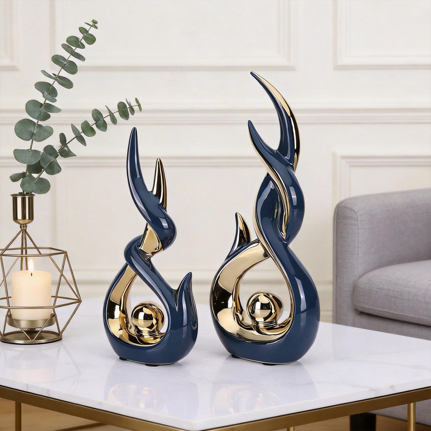Blue and Gold Ceramic Abstract Sculpture Set of 2 Modern Medieval Style Sculpture Ideal for living room decor Serves as tabletop ornament for coffee tables, TV stands, mantelpieces, and entryways.