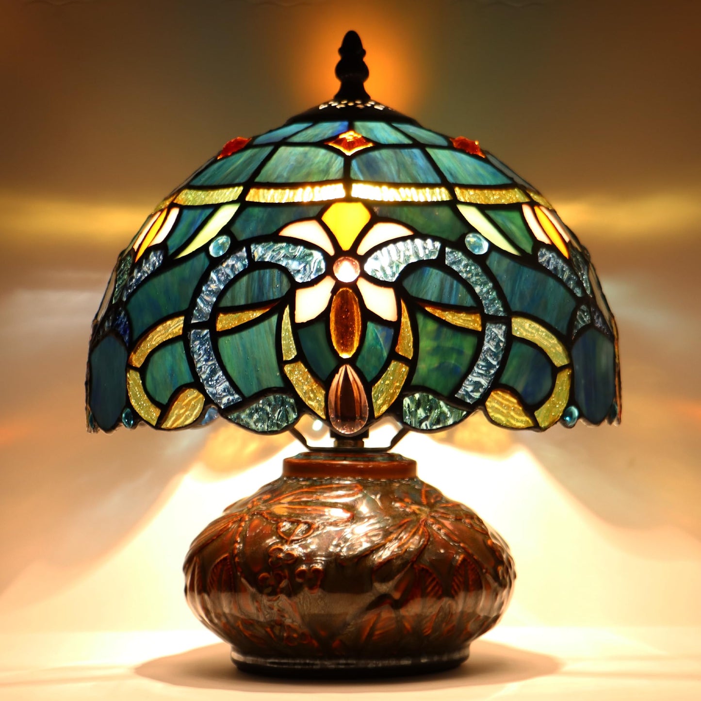 LXHCYOU Small Tiffany Table Lamp, 10X10X11 Inch Mini Stained Glass Mushroom Desk Light Memory Sympathy Ceramic lamp (Blue Baroque Style)