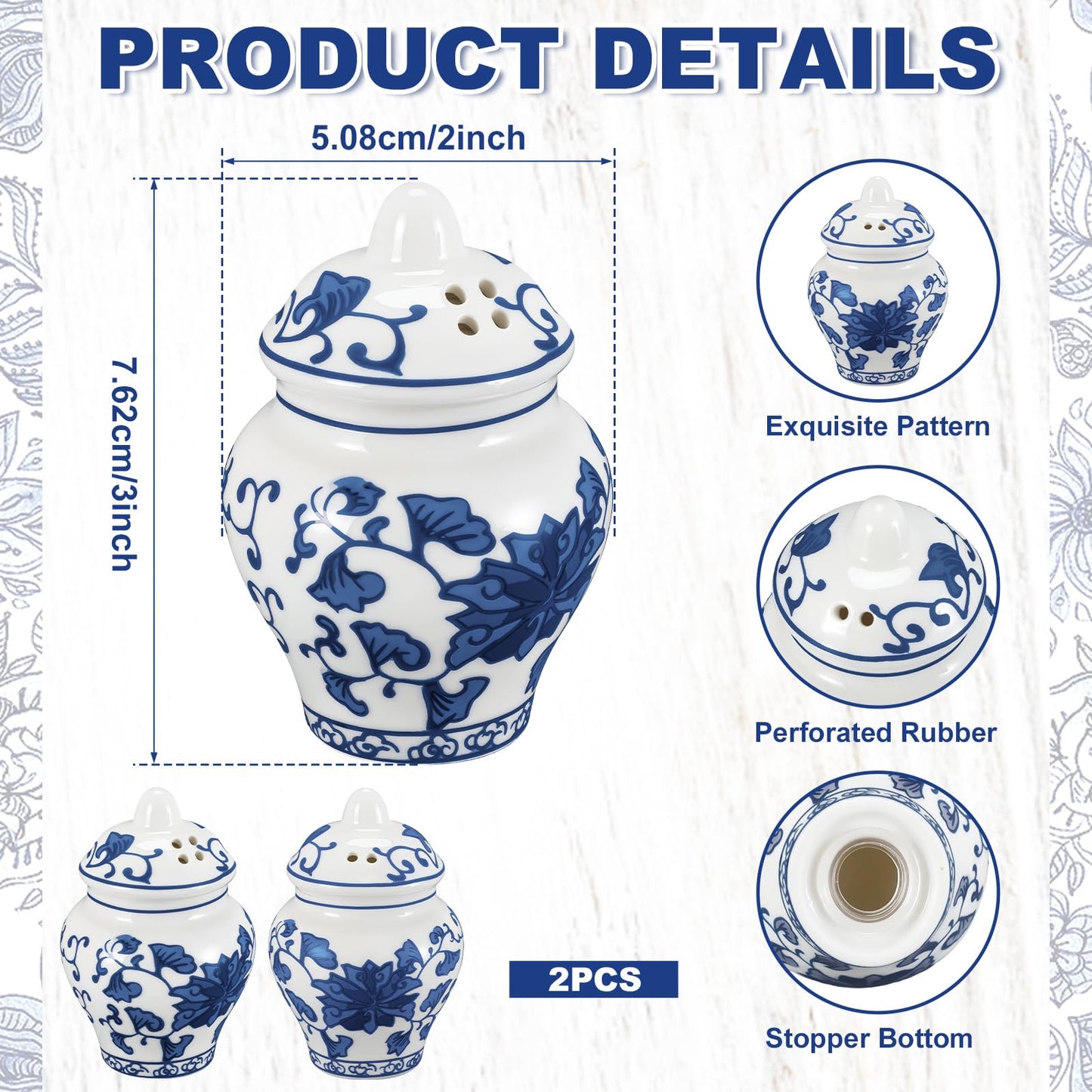 Honeydak 2 Pcs Chinoiserie Mini Ginger Jar Salt and Pepper Shakers Set in Gift Box Ceramic Jar Design, Elegant Blue & White Porcelain Spice Containers for Dining Table