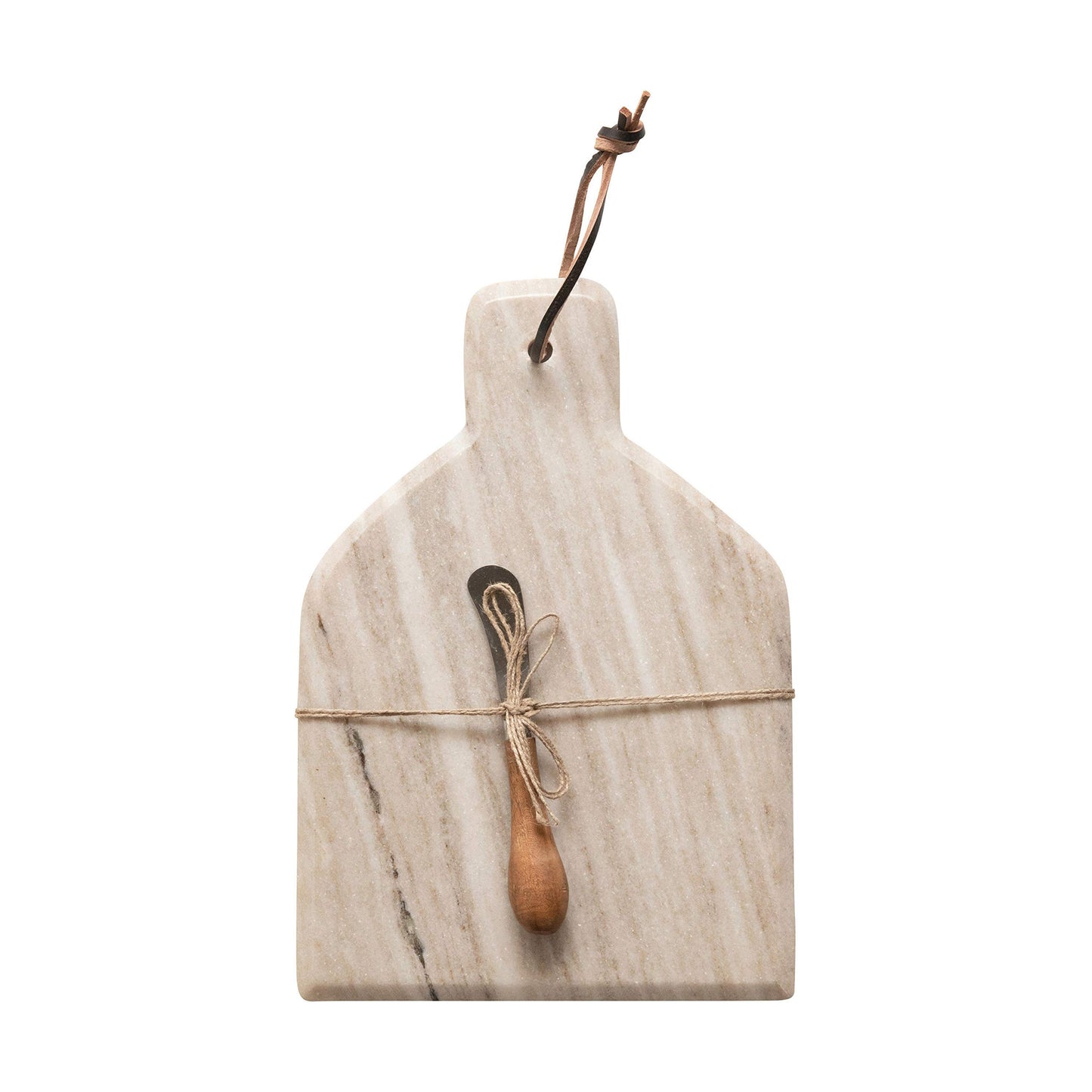 Creative Co-Op Marble Cheese and Cutting Board with Handle, Leather Tie and Canape Knife, Buff, Set of 2