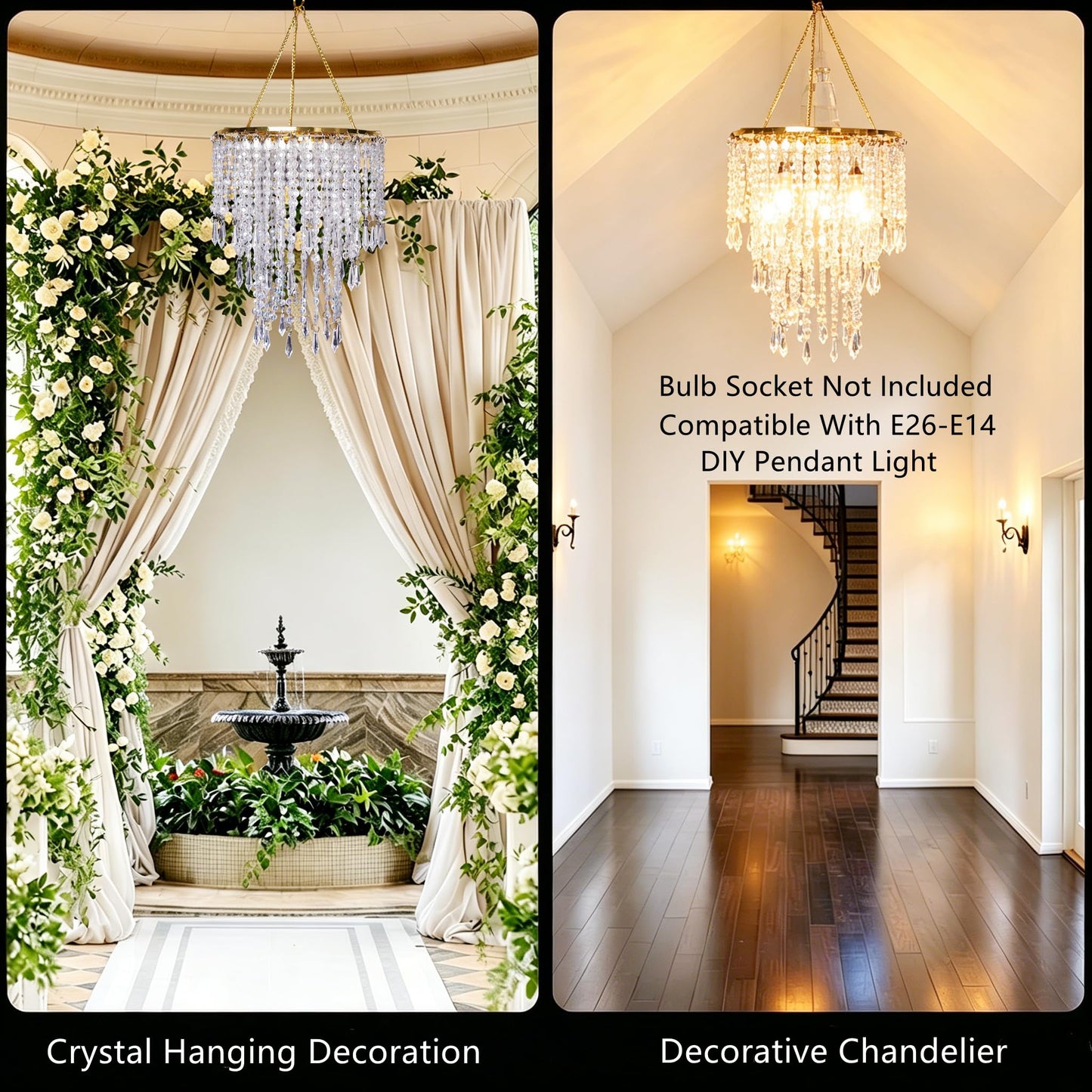 Vectolum Crystal Beaded Chandelier Shade, Gold Lamp Shade with Multi-Tiered Crystal Droplet Strands, Decorative Pendant for Home Decor, Wedding Centerpieces & Parties, 9.65 x 11.8 Inch
