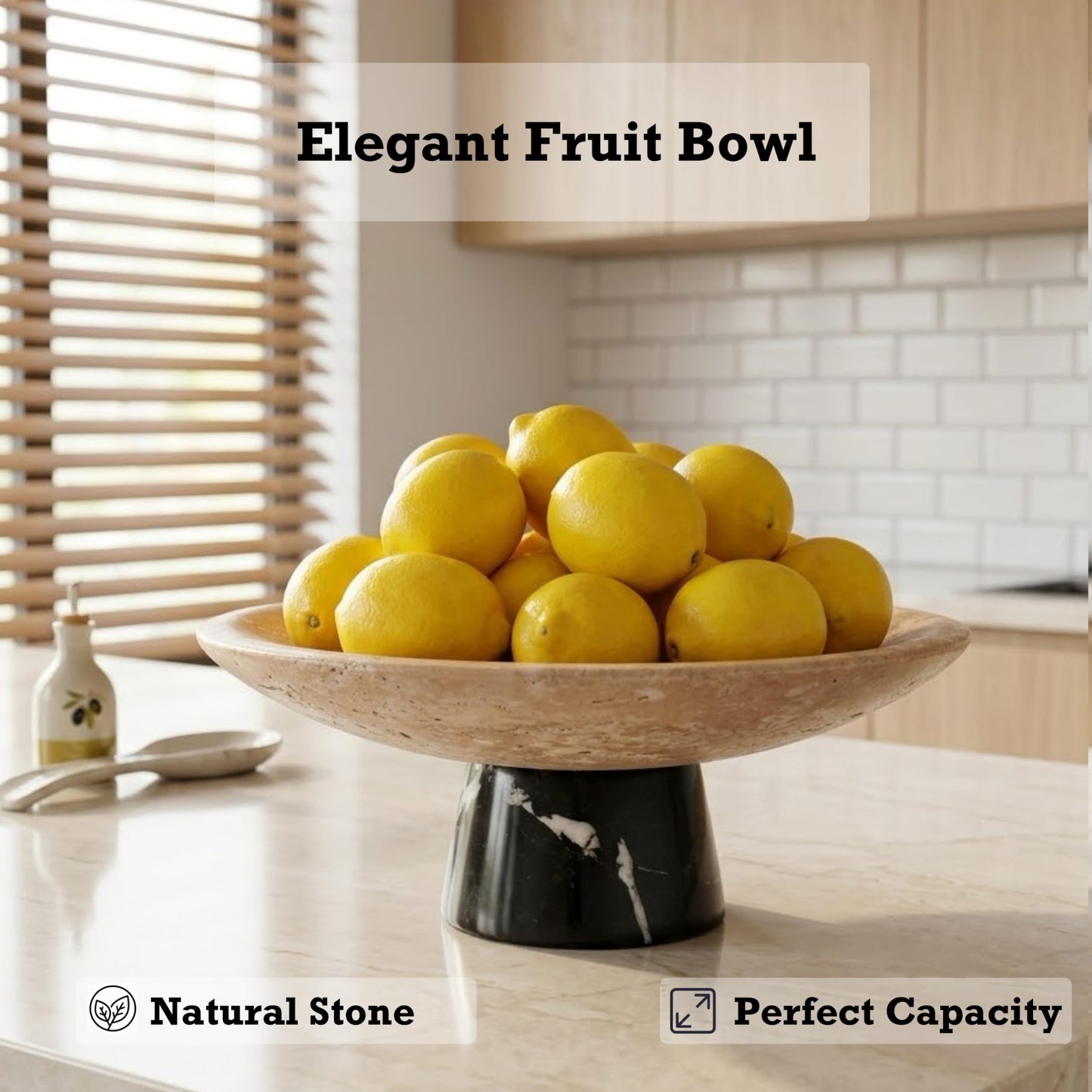 BekPooQ Travertine Decorative Fruit Bowl with Black Marble Pedestal, 10.2" Large Natural Stone Centerpiece Bowl for Kitchen Counter, Dining Table & Entryway Decor