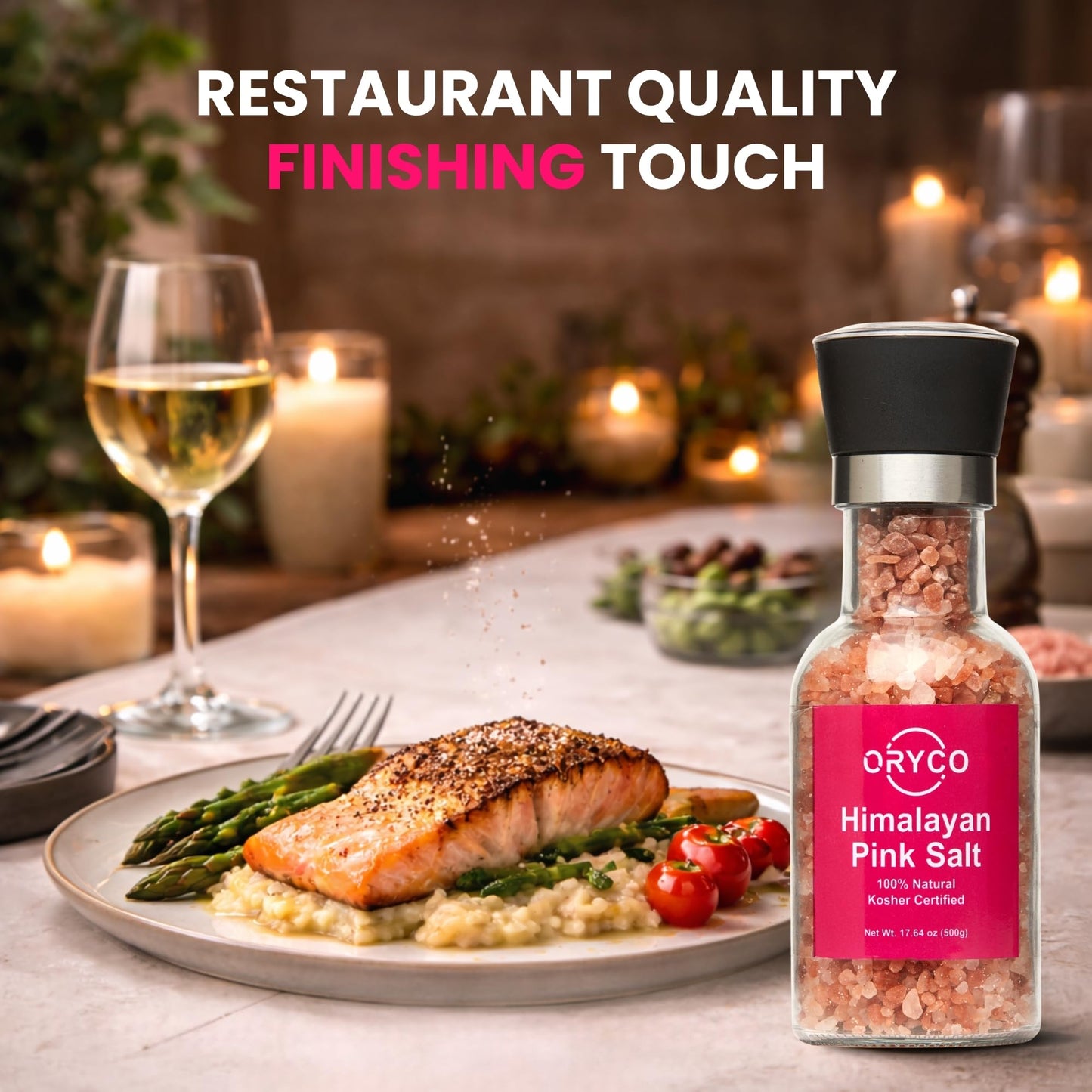 Oryco Himalayan Pink Salt Glass Grinder (17.64 oz) 500g – Refillable Coarse Pink Salt with Grinder, 100% Natural, Kosher, Non-GMO, Fresh Ground Salt for Cooking, BBQ & Kitchen Use
