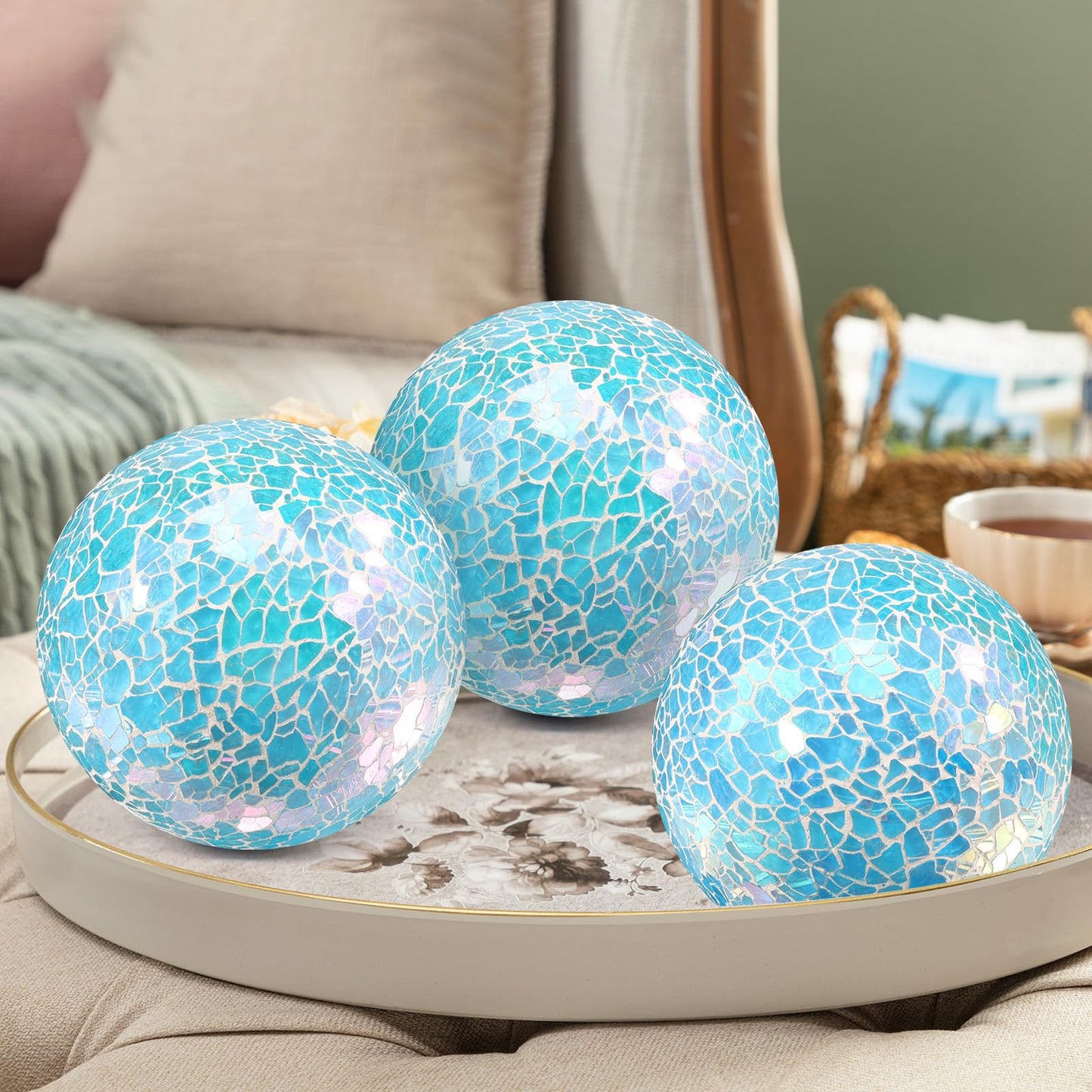 ginojex 3Pcs Mosaic Glass Orbs Decorative Balls Set 8.5cm/3.35inch Blue Sphere Wedding Party Home Decor Table Centerpiece