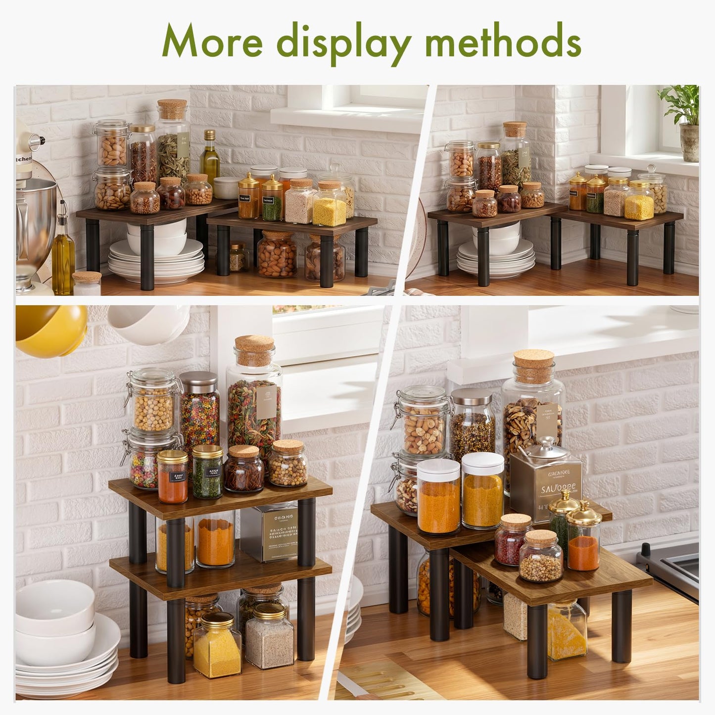 Cabinet Organizer Shelf, 2 Tier Countertop Spice Rack for Kitchen Counter, Seasoning Organizer with Wood-Grain Shelves, Kitchen Countertop Organizer for Spices, Sauces and Small Items (2 Pcs, Brown)