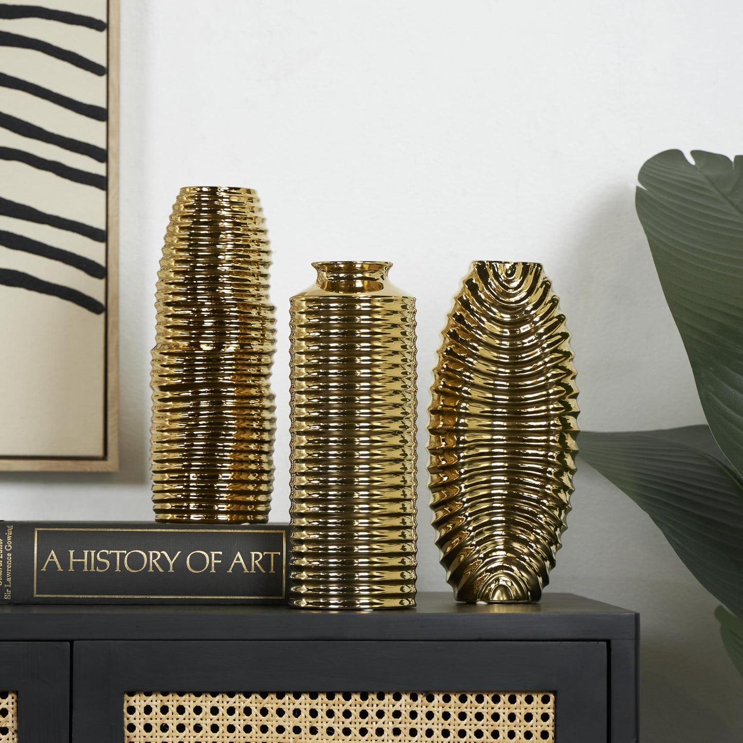 Deco 79 Ceramic Decorative Vase Dimensional Ribbed Centerpiece Vases with Varying Shapes, Set of 3 Flower Vases for Home Decoration 4" W, 11" H, Gold