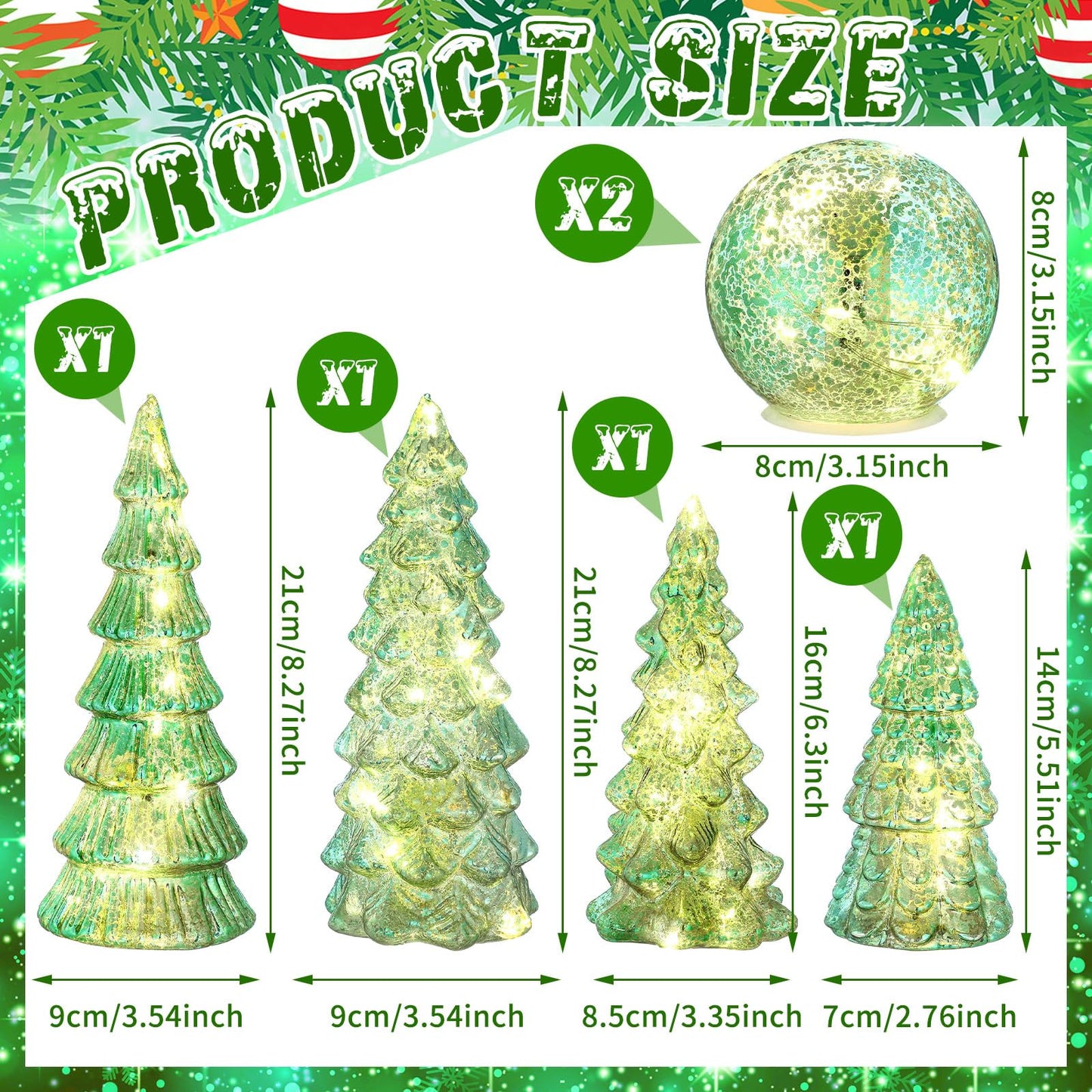 Syhood 6 Pcs Sage Green Mercury Glass Christmas Tree for Tabletop Light up Figurine Christmas Tree Mercury Cracked Glass Globe with Light for Xmas Decor Home Party Centerpiece Mantel Gift