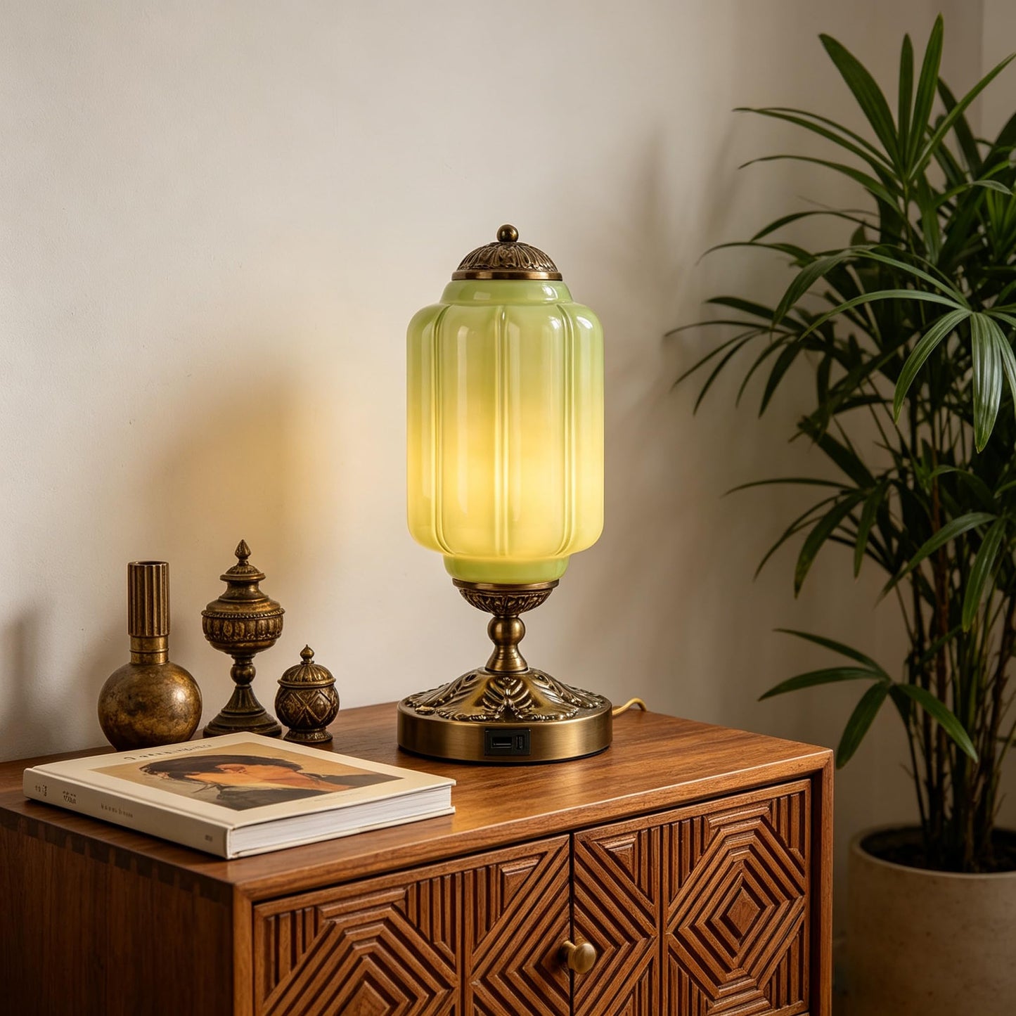 Glazart Luxa Vintage Touch Table Lamp, Milk Glass Shade with Metal Base, 3 Way Dimmable Desk Light with USB Charging Ports, Retro Lamp for Living Room Bedroom Bedside Nightstand
