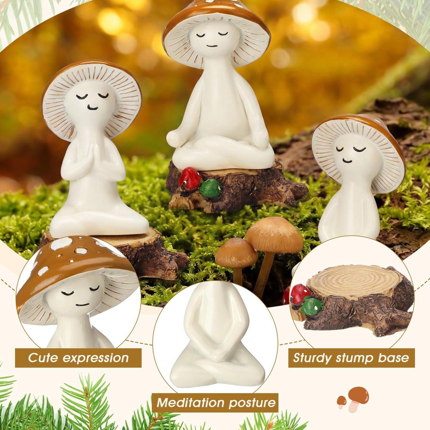 Fiwochic 3 Pcs Meditation Mushroom Statue Resin Yoga Mushroom Figurine with Stump Base Cute Spring Meditation Tabletop Plant Statues Decor for Desk Living Room Patio Home Office Garden Backyard