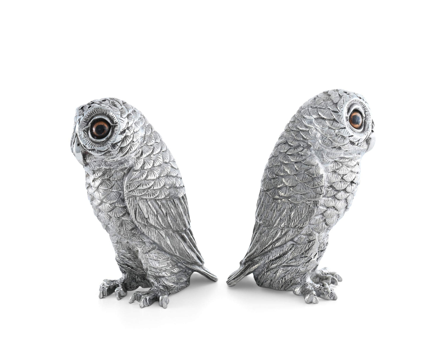 Vagabond House Pewter Metal Owl Salt and Pepper Shaker Set with Hand-Painted Eyes Thanksgiving Harvest Table 3.75 inch Tall