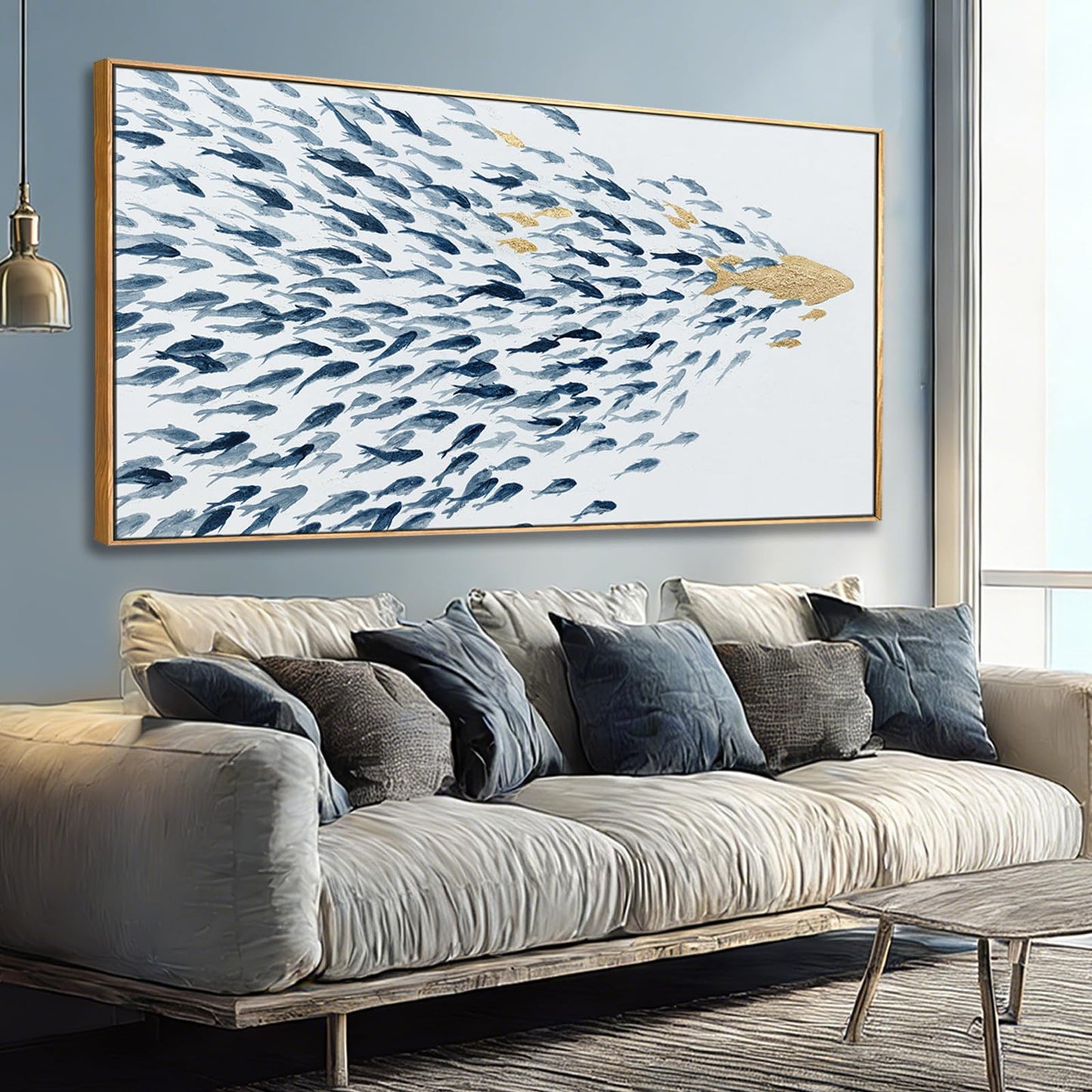 Minimalist Framed Wall Art Fish Animal Ocean Blue Gold Modern Canvas Prints 29"x58" Large Pictures Artwork for Living Room Kitchen Wall Art Decor