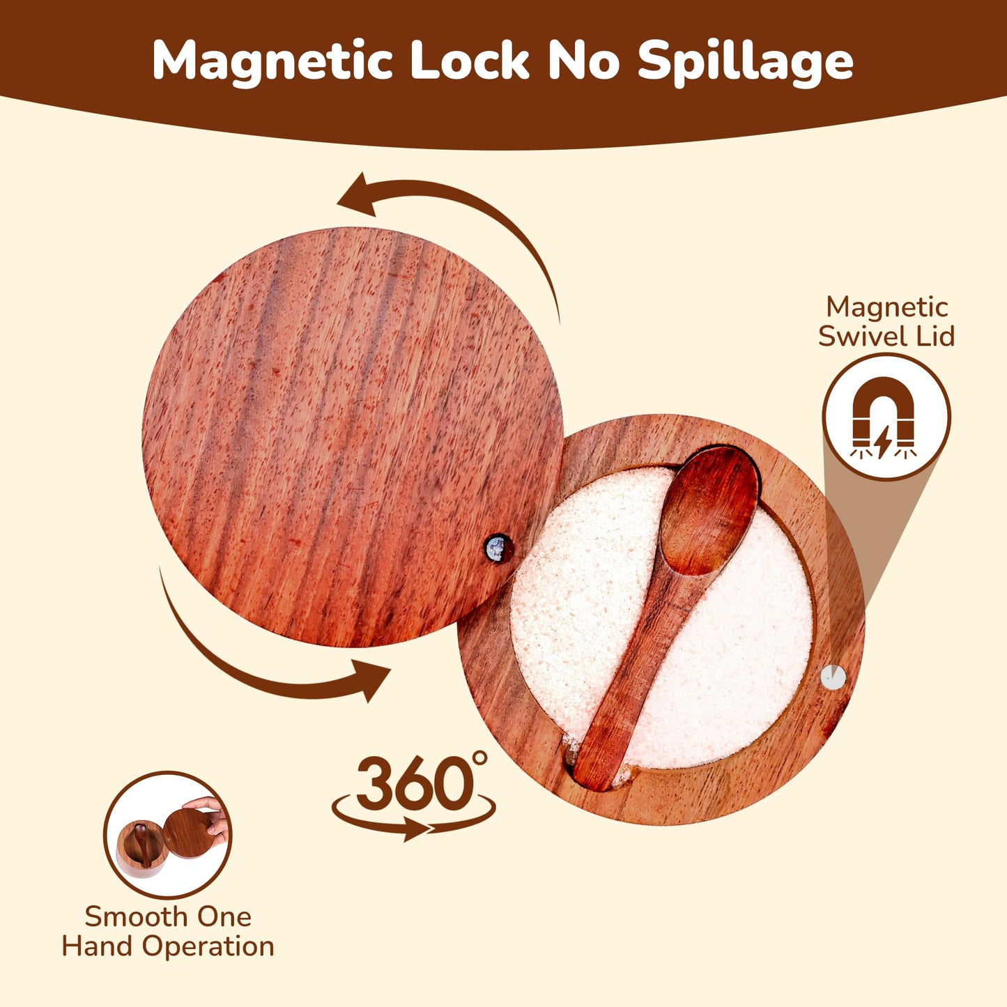 Wooden Salt Cellar with Magnetic Swivel Lid & Built-in Spoon, Salt Box for Kitchen Countertop, Premium Rosewood Salt Keeper for Sea Salt, Pepper & Spices (4.5 oz)