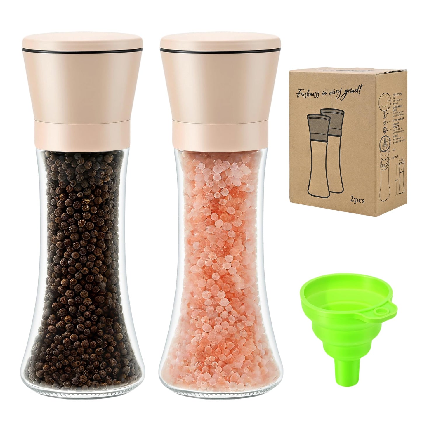 R DRURLCD Beige Salt and Pepper Grinder Set of 2，Refillable Adjustable Coarseness Stainless Steel, Pepper Mills W/Funnel- Kitchen Spice Mill