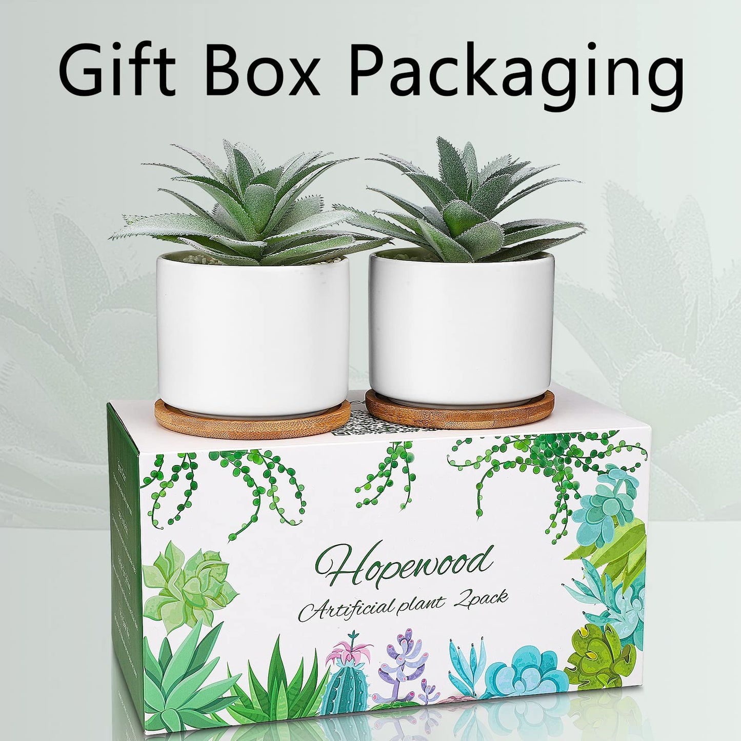 Hopewood Cute Indoor Decor Plants, Artificial Succulent Plants in Ceramic Pots with Bamboo Tray, Faux Potted Plants Set of 3