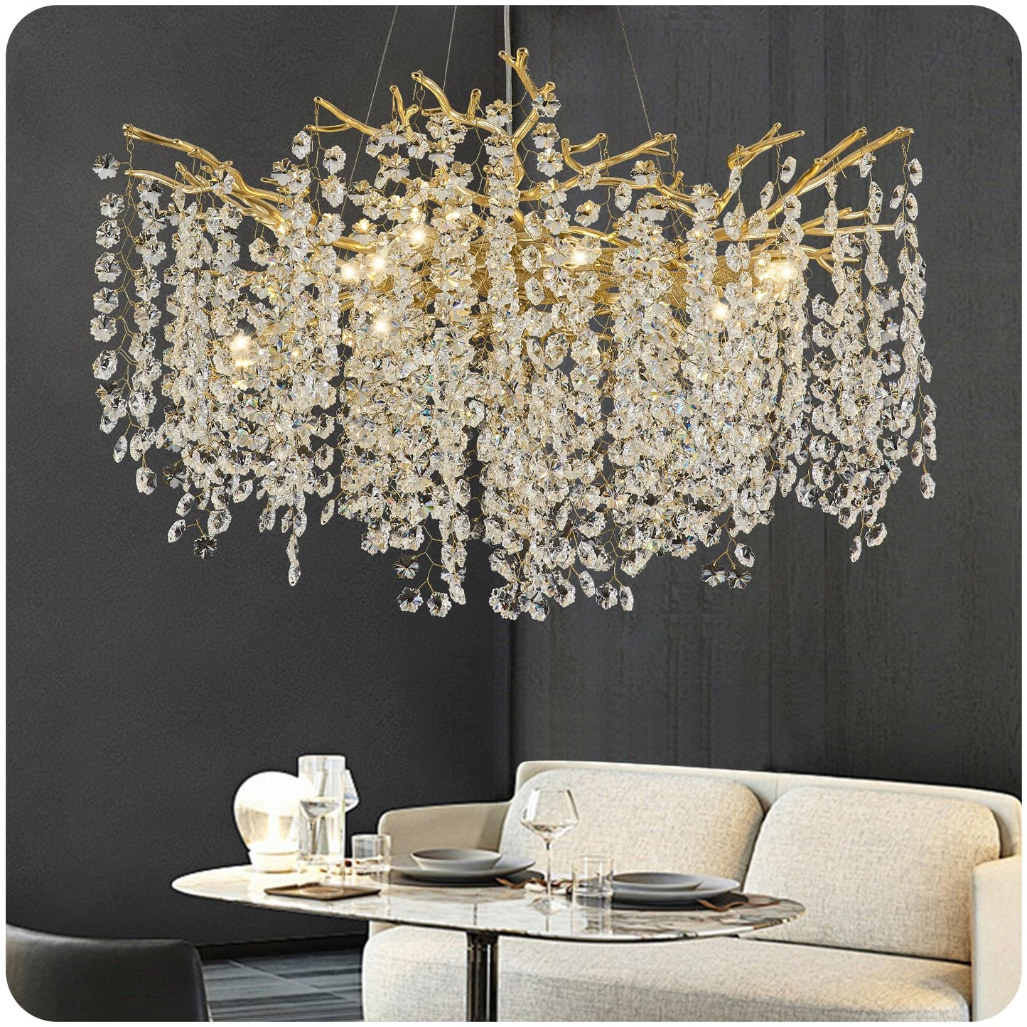 esianu Crystal Chandelier for Dining Room, D31.5 Gold Tree Branches Chandeliers, 10-Light Snowflakes Round Modern Chandeliers for Living Room Kitchen Foyer Luxury Adjustable Hanging Chandelier