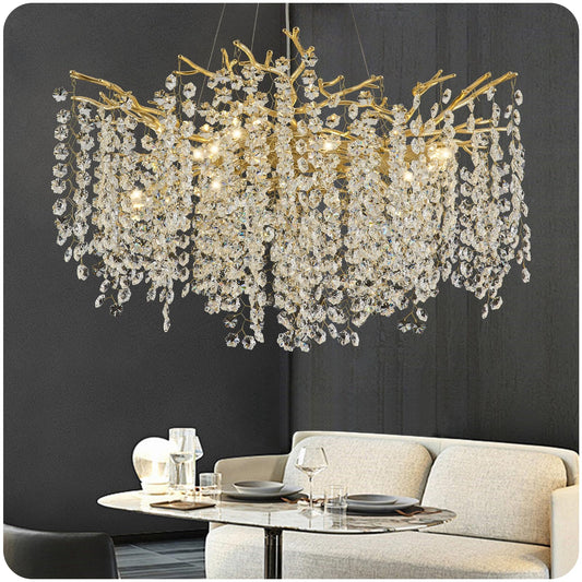 esianu Crystal Chandelier for Dining Room, D31.5 Gold Tree Branches Chandeliers, 10-Light Snowflakes Round Modern Chandeliers for Living Room Kitchen Foyer Luxury Adjustable Hanging Chandelier