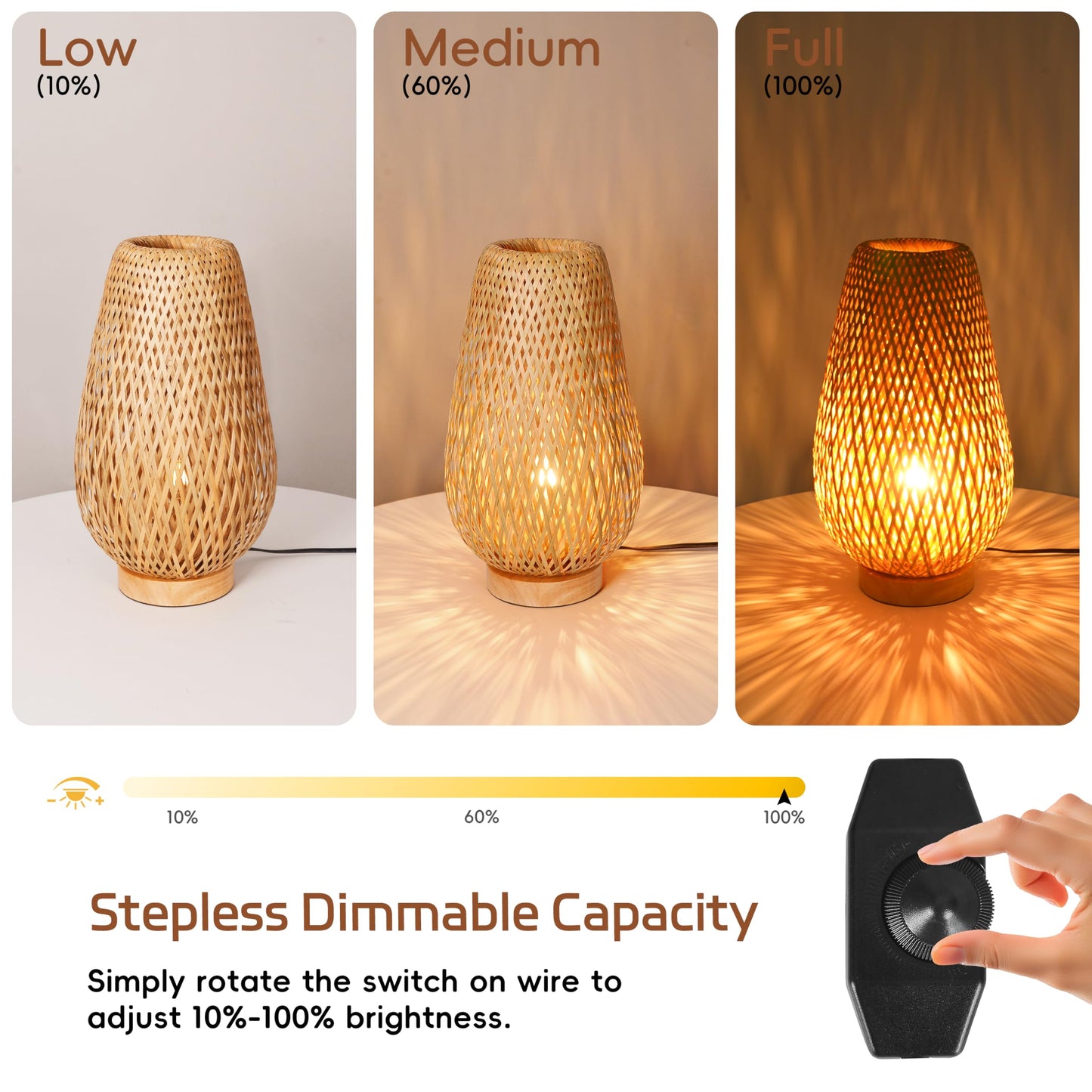 WALMHEIM Boho Bamboo Table Lamp, Dimmable Rustic Farmhouse Hand Wicker Desk Lamp Bedside Lamps Night Light Decorations for Bedroom, Living Room, Home Office, Nursery, Reading Nook (Bulb Included)