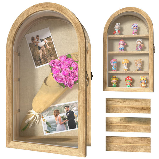 REFGY Arched Shadow Box Frame 16.3"x9.8" for Flowers & Photos - 3.9" Deep Wooden Shadowbox Picture Frame with 4 Removable Shelves - Large Personalized Shadow Box for Wedding Memorabilia