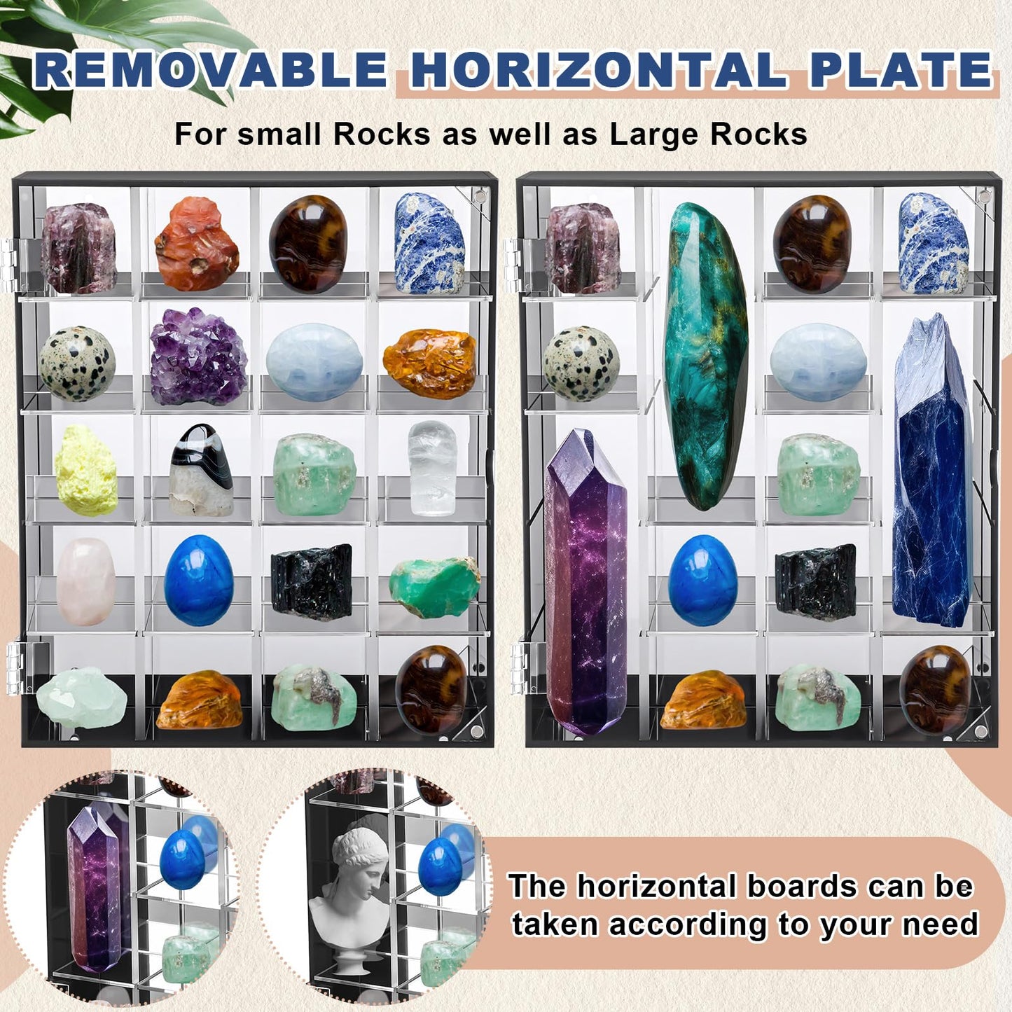 Cinnvoice Rock Display Case Adjustable 20 Grids Acrylic Display Case with Mirrored Crystal Organizer for Collectible, Crystal, Stones, Wall Mountable, Magnetic Door(Black Border, Square)