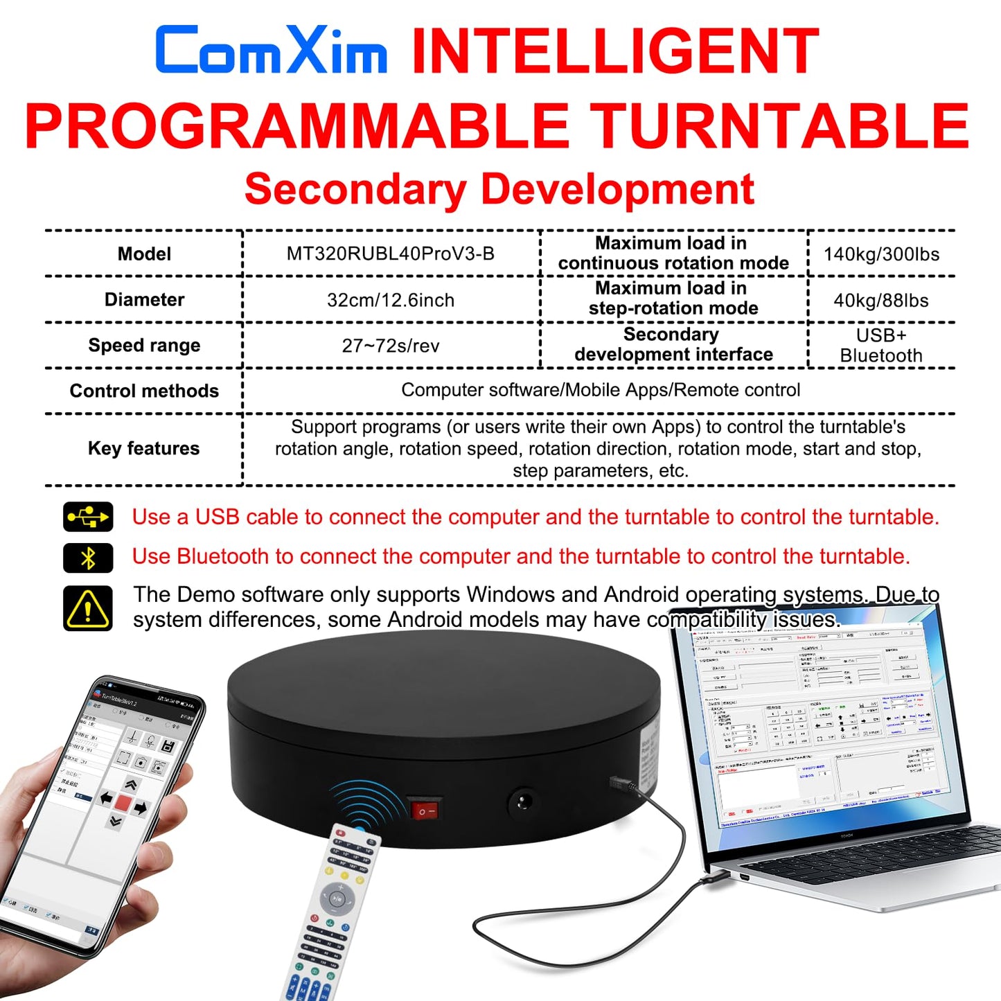 Programmable Motorized Electric Turntable Command-Controlled Rotating Platform Photography Turntable Secondary Development Motorized Electric Lazy Susan for 3D Scaner or Display with USB/Bluetooth