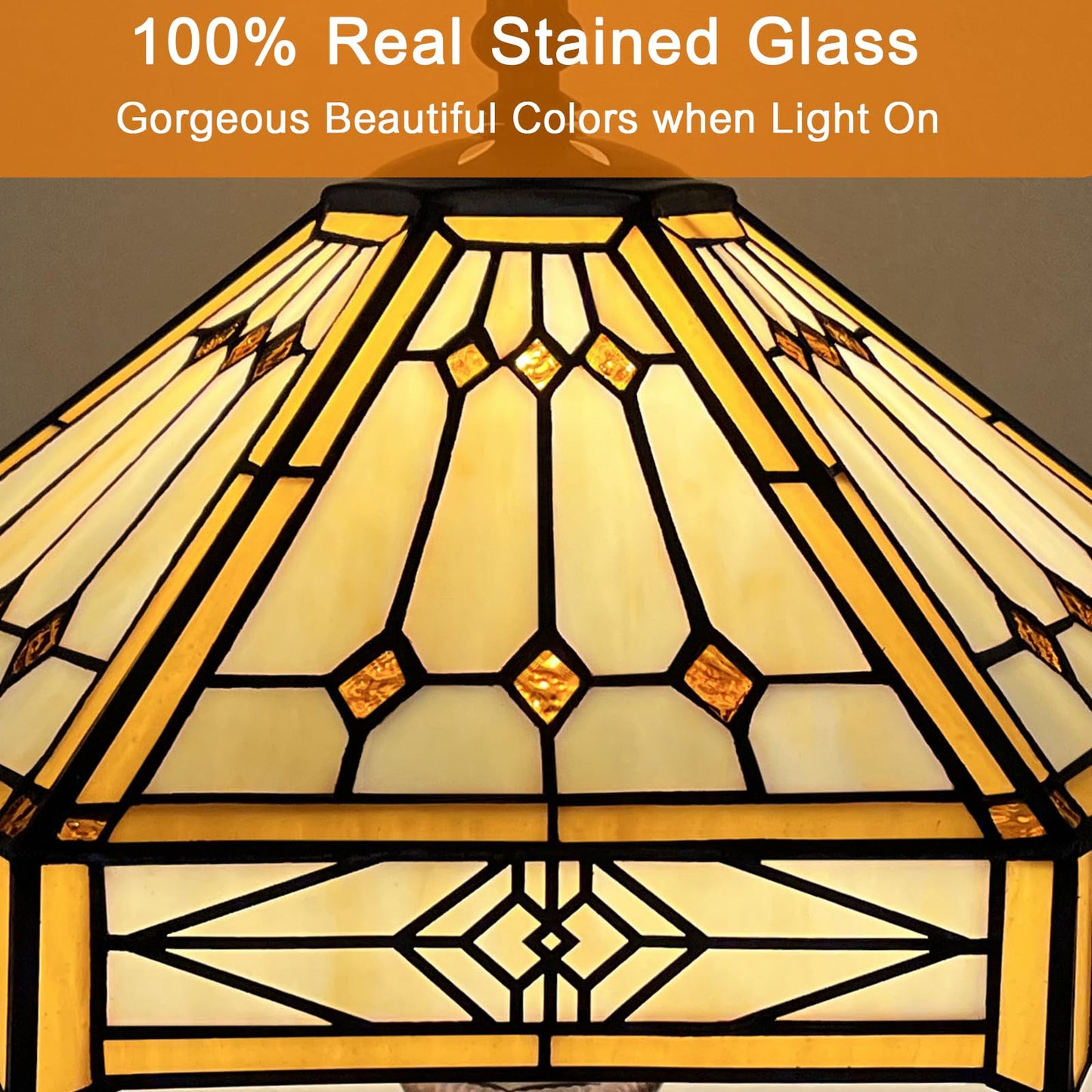 Capulina Tiffany Table Lamp Cream Hexagon Stained Glass 13x13x20 Inch