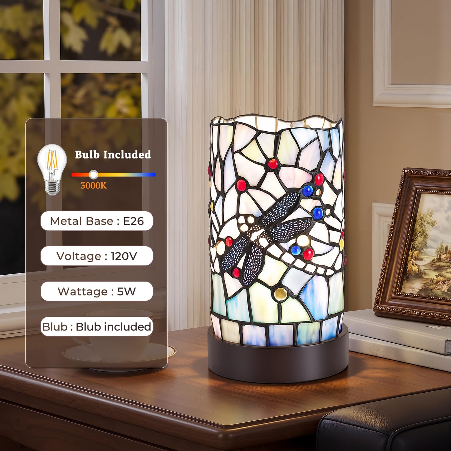 Rynxphera Tiffany Table Lamp, Blue Dragonfly Small Stained Glass Style Lamp