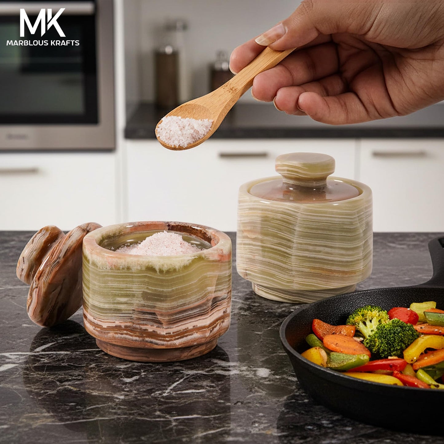MARBLOUS KRAFTS Marble Small Salt Cellar with Lid 3" Inch Green Onyx Stone Salt Holder Set of 2 for Counter & Stone Salt Container, Salt Dish, Salt Box & Spice Jar, Kitchen Decor
