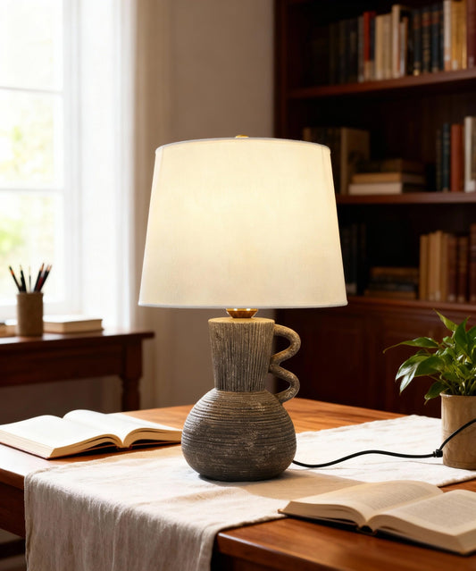 Vlaikez 17.7in Vintage Table lamp with Fabric Shade,Desk Lamps for Living Room, Rustic Farmhouse Bedside Lamps Nightstand lamp for Bedroom.(Cement Gray)