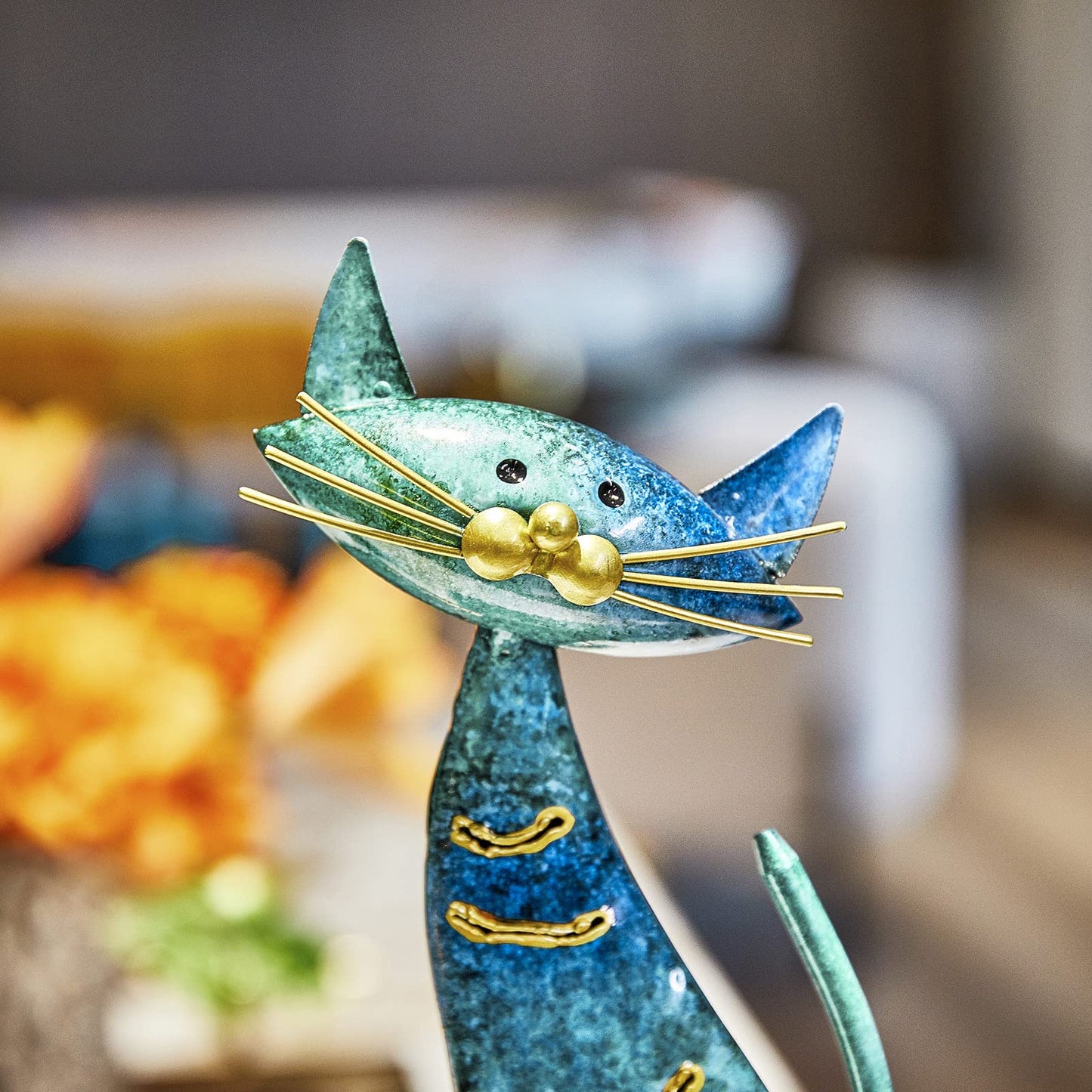 Aayla Cat Statues – Set of 3 Small Blue Aqua Cats Figurine Adorable Kitty Gift for Cat Lovers, Home Kitchen Decoration (8.5" H Blue)