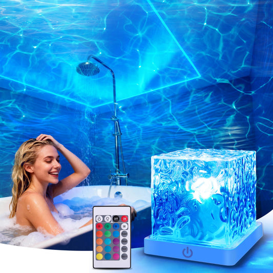 Loscarol Shower Light No Wiring, Rechargeable 16 Color Ocean Wave Projector Light, Dimmable Waterproof Shower Lamp with Remote, Ocean Lamp for Shower, Bathroom Night Light, Birthday Gifts for Girl