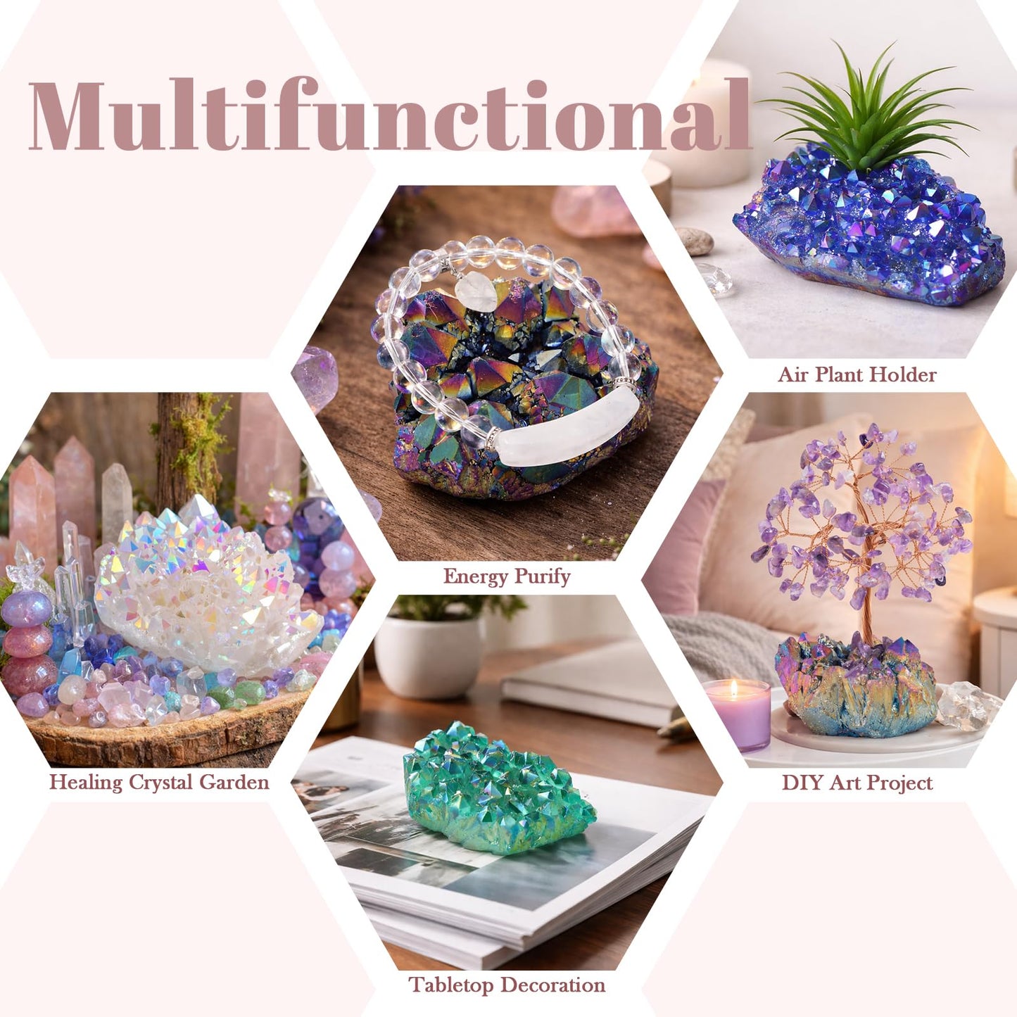 Nupuyai Titanium Coated Irregular Quartz Crystal Cluster Decor for Home Office Natural Druzy Rock Crystal Stone Specimen, White