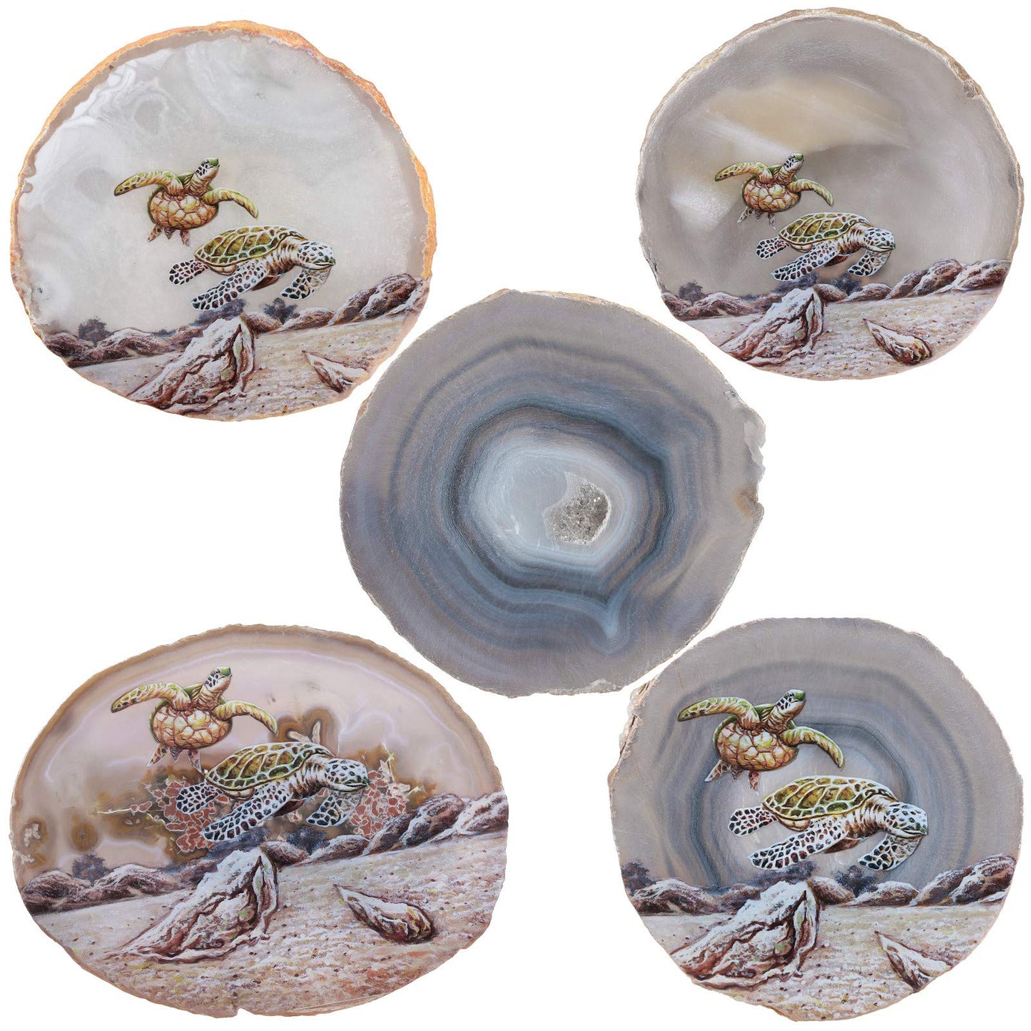 rockcloud Sea Turtle Agate Slab Display with Wooden Stand Irregular Shape Aagte Slice Stone Home Office Desk Ornament