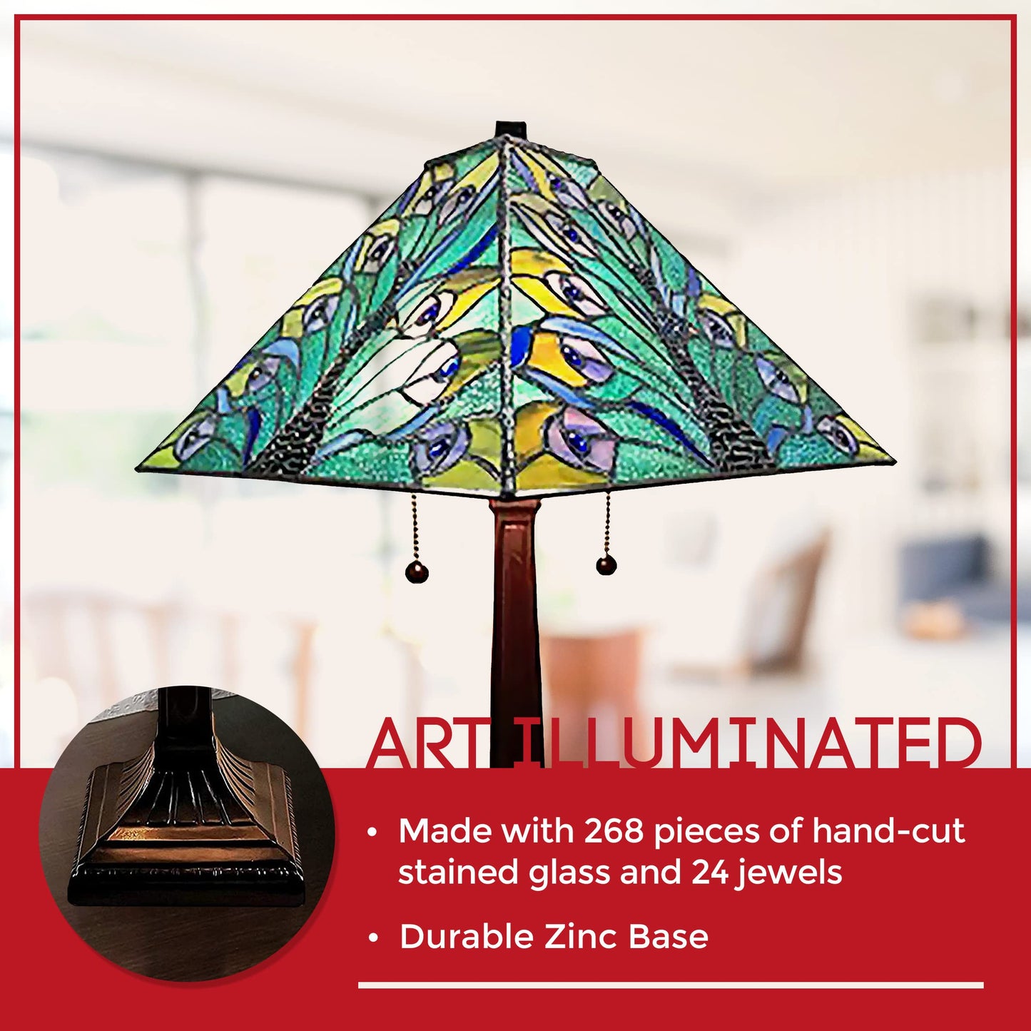 Amora Vintage Tiffany Table Lamp - Peacock Table Night Light - Turquoise Glass Nightstand Lamp - 23” Tall Stained Glass Lamp