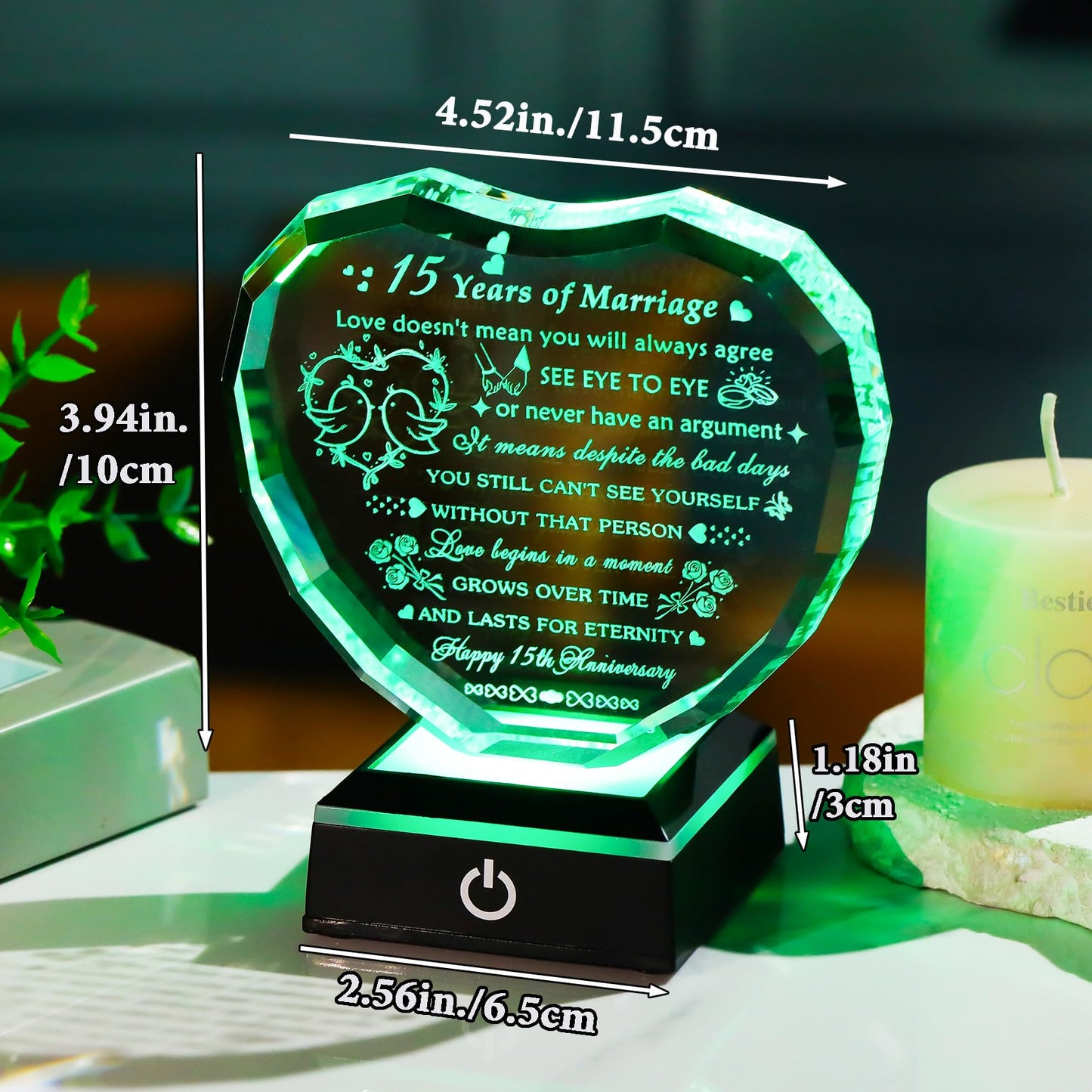Arikyrist 15th Wedding Anniversary Crystal Heart Gifts for Couple, Laser Engraved Happy 15th Anniversary Crystal Gifts for Wife Husband, Romantic 15 Years of Marriage Gift for Him Her Friends