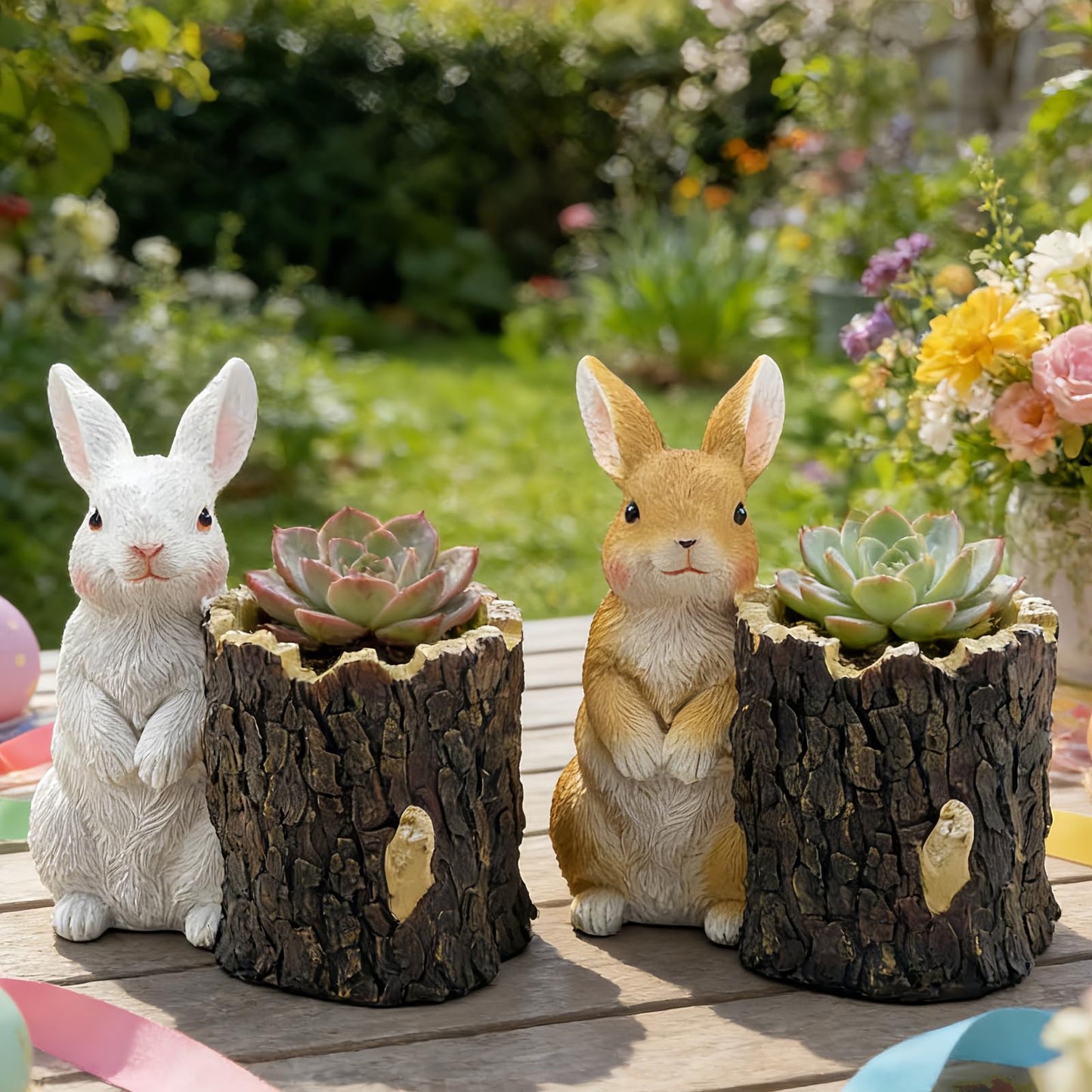 Big Stone Art Resin Rabbit Planter with Tree Stump Statue, Bunny Garden Decor, Animal Figurine Pot (Brown)