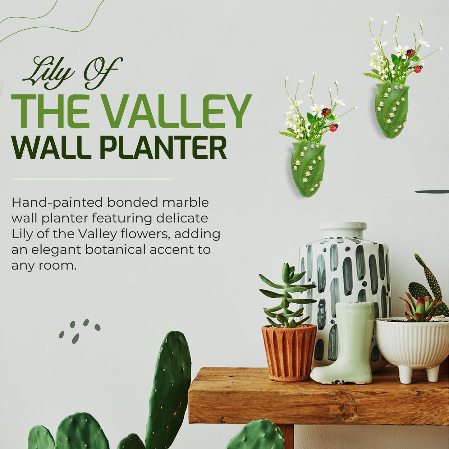 Lily of the Valley Wall Planter – Also Known as Mary’s Tears – Ibis and Orchid Designs – Hand Painted Bonded Marble – 7 x 3.5 Inches – Wall Pocket Floral Sculpture with Hanging Slot