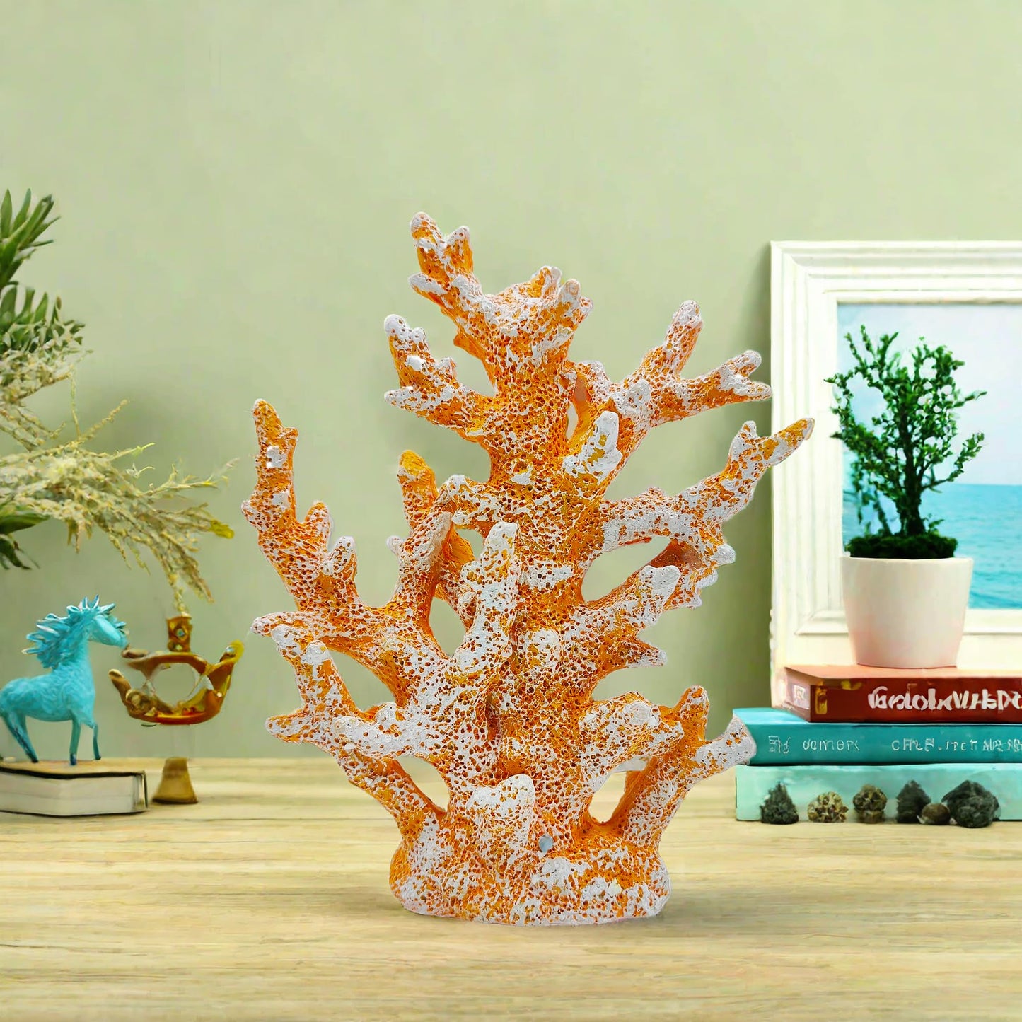 Etlemonde Beach Coastal Decor Coral Reef Home Decor Coral Statue Sculpture Home,Desk,Bathroom,Desktop Shelf Statue,Marine Themed Gifts (Golden Orange Coral)