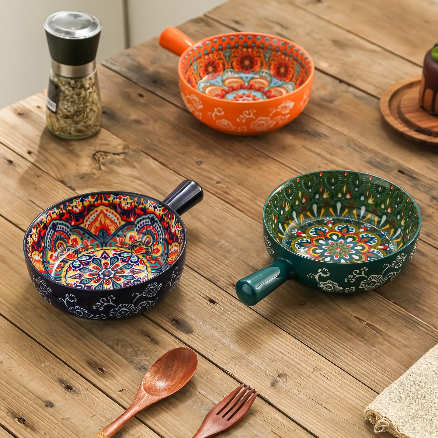 JINNTHE 1PC Ceramic Soup Bowl with Handle – 23oz, 9 Inches Bowl Handmade Shallow Bowl Colorful Floral Microwave & Dishwasher Safe Pasta/Salad Dish Bohemian Style Navy Blue