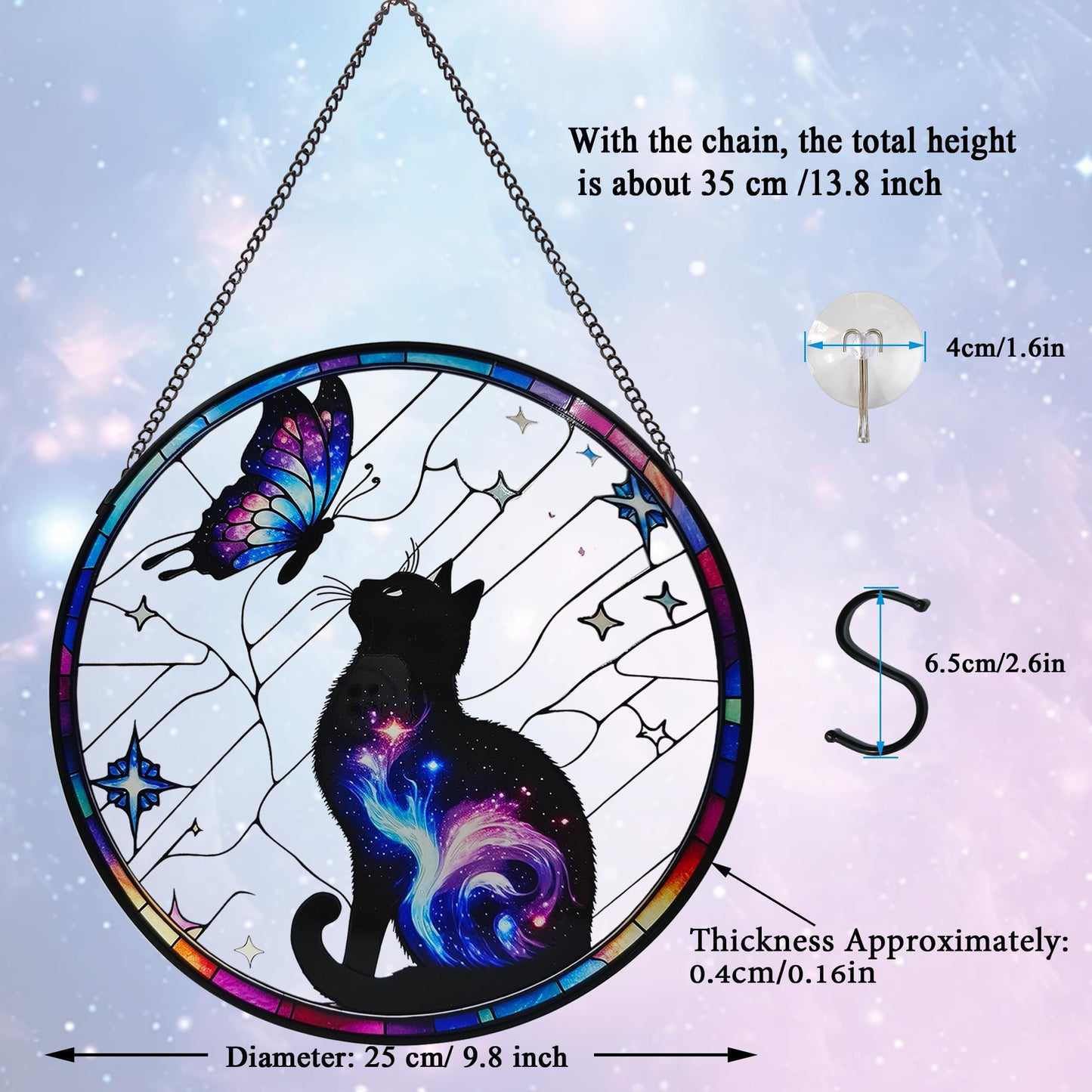 ZUSANG Black Cat Stained Glass Window Hanging, 9.8'' Black Cat & Butterfly with Nebula Design Suncatcher Indoor Outdoor Home Decor for Cats Lovers, Gift for Halloween
