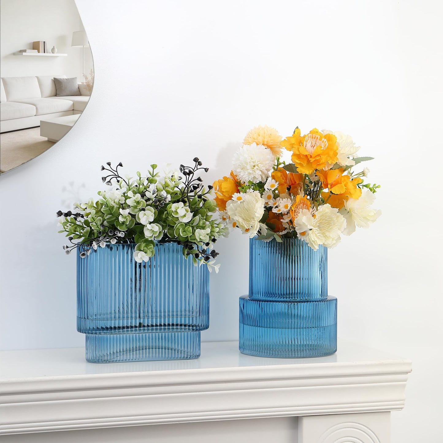 YANWE1 Blue Glass Vases, Set of 2 Ribbed Vases for Flowers, Blue Vase for Tulips, Modern Glass Vase for Living Room, Dining Table, Office, Entryway, Mantle, Bookshelf, Wedding Gifts